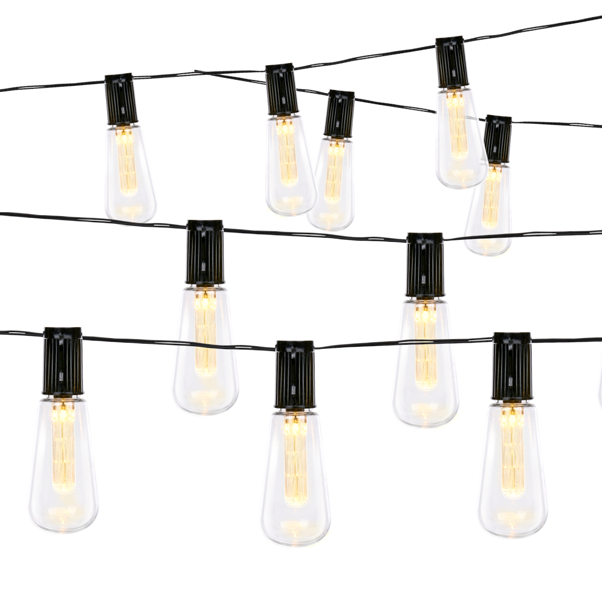 Slingerlichtjes met heldere, druppelvormige lampen aan een zwarte draad. De achtergrond is wit.