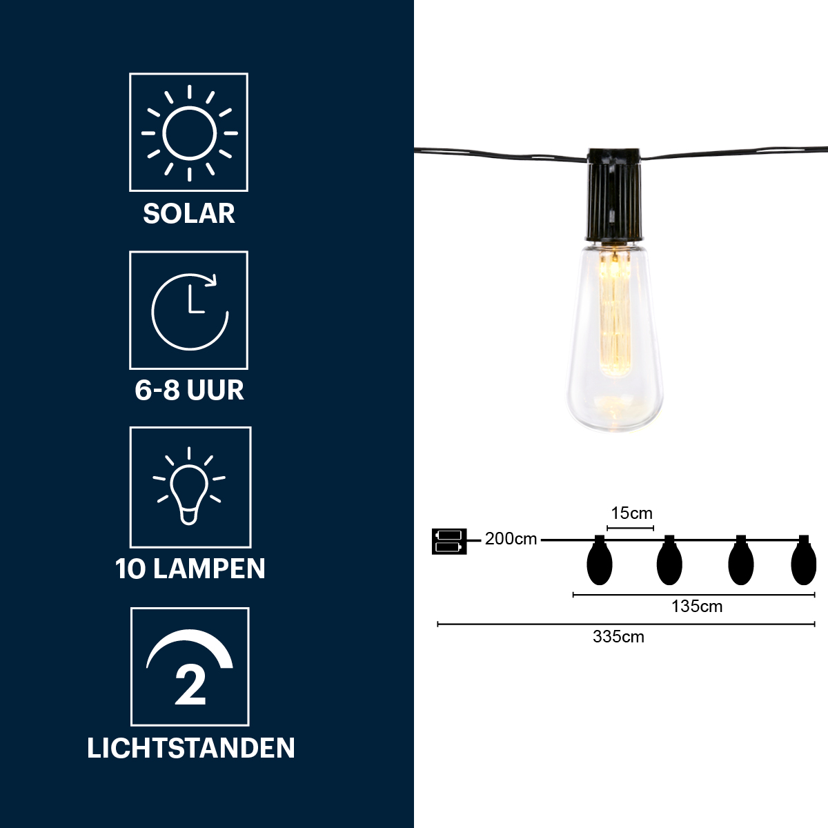 Solar lichtsnoer op een donkerblauwe achtergrond met details over solar, tijd en lampen.