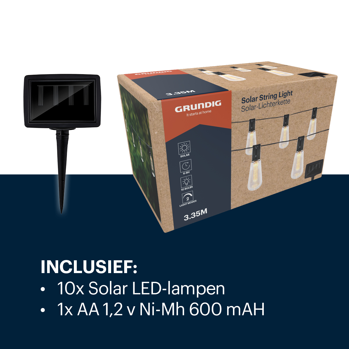 Snoer met zonne-energie in een doos met tekst: 'Solar String Light', '3.35M'.