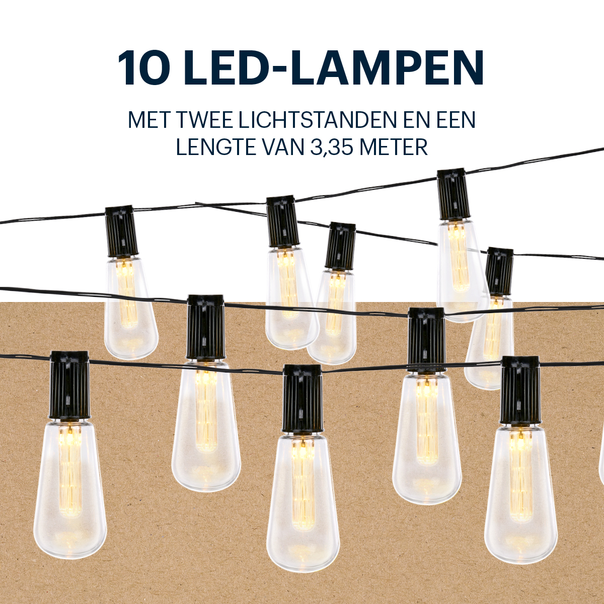 Slingerlichten met heldere lampen op bruine achtergrond.