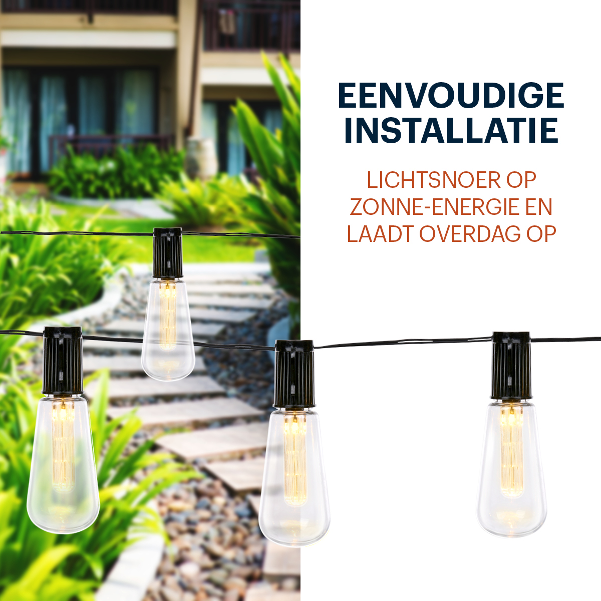 Slingerlichten met lampen. De lichten zijn op zonne-energie en gemakkelijk te installeren. Het is een buitenscène.