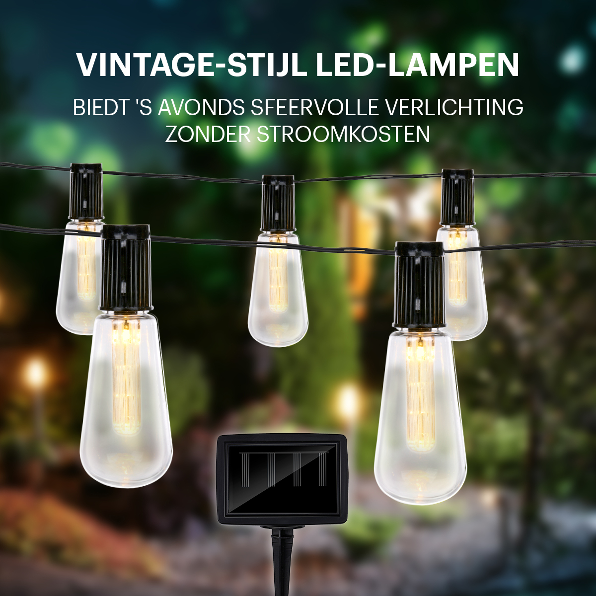 Slinger van vintage stijl LED-lampen met zonnepaneel, buiten.