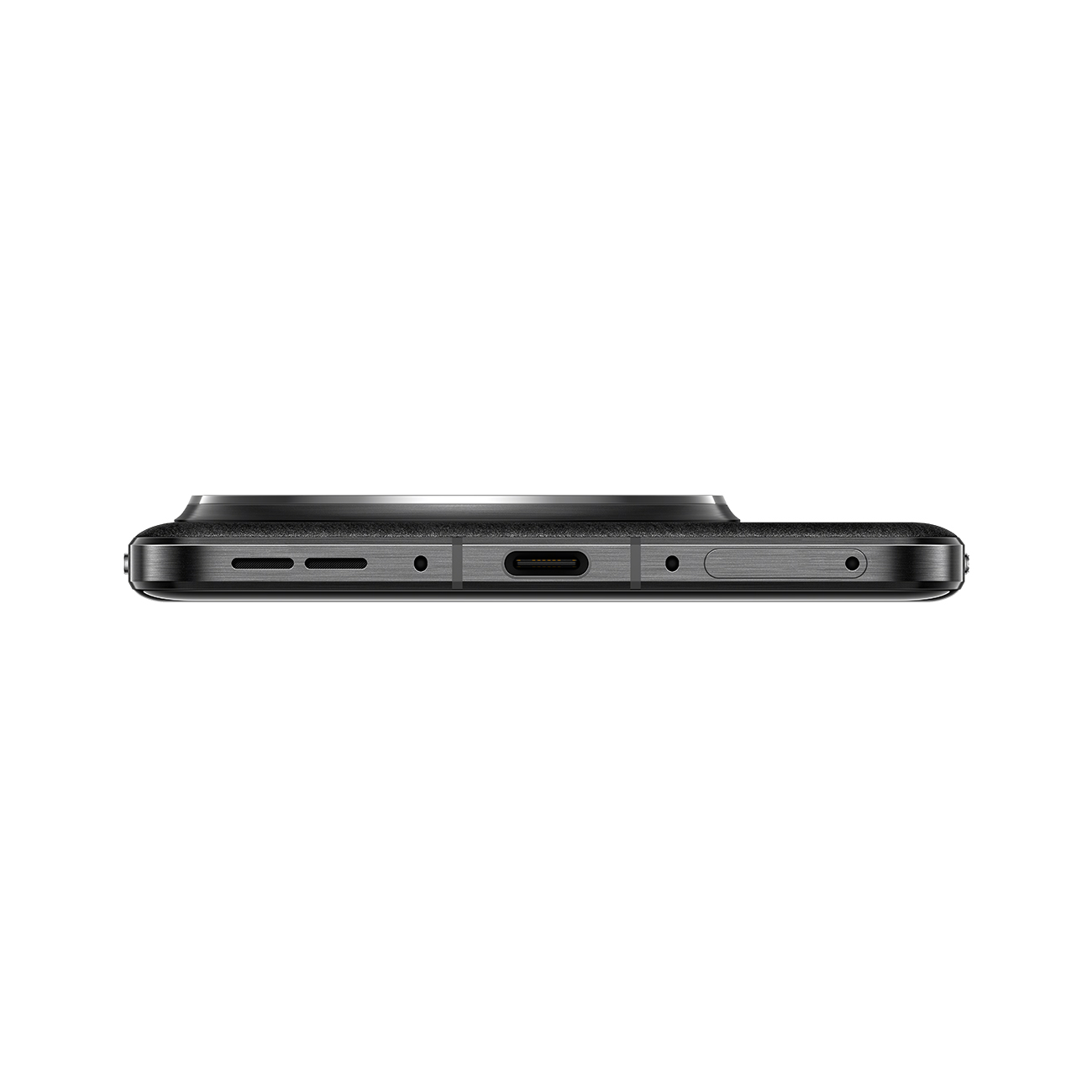 Dolna krawędź czarnego smartfona. Ma port USB-C, port ładowania i inne gniazda.