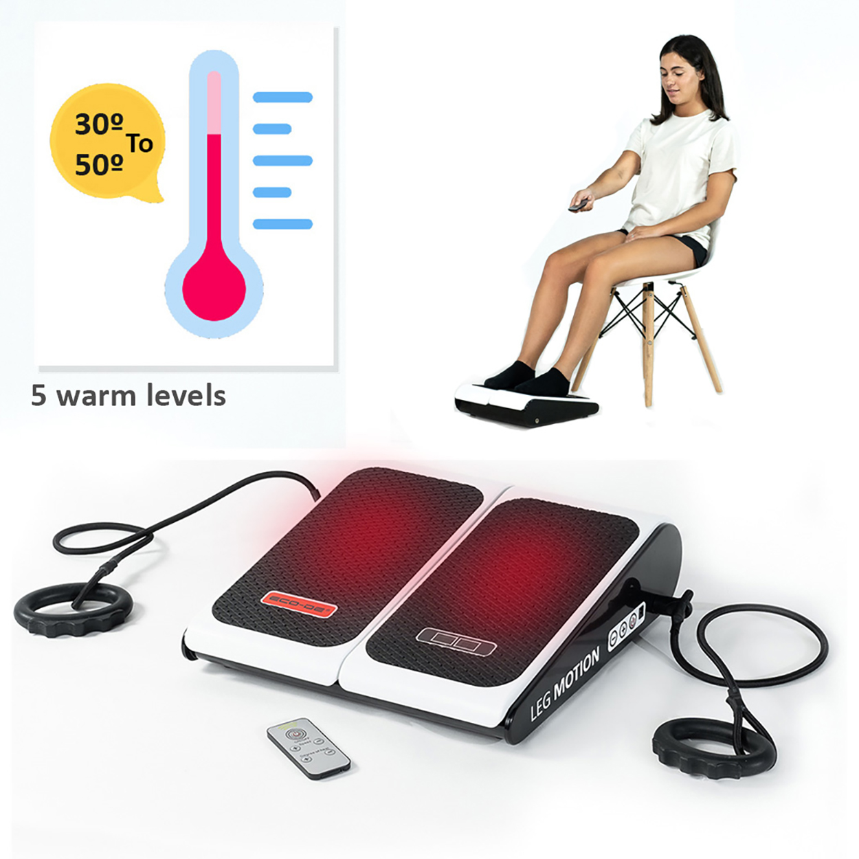 Una mujer usa un mando a distancia para controlar un calentador de piernas. Un gráfico muestra el rango de temperatura.