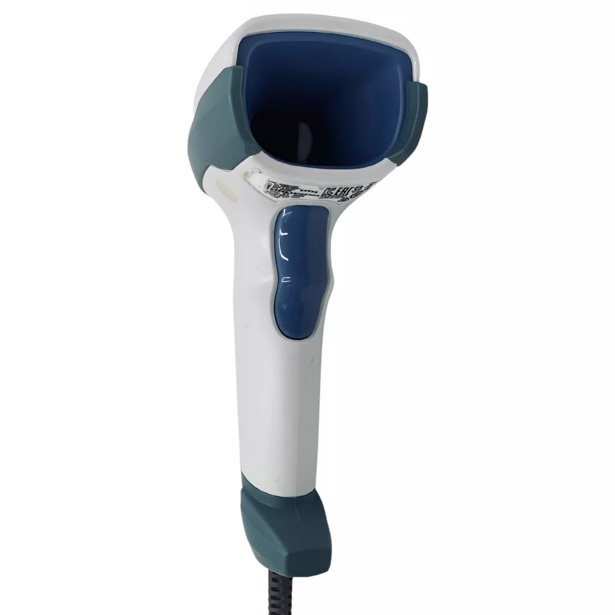 Uno scanner di codici a barre portatile. È bianco e blu, con un lungo cavo.