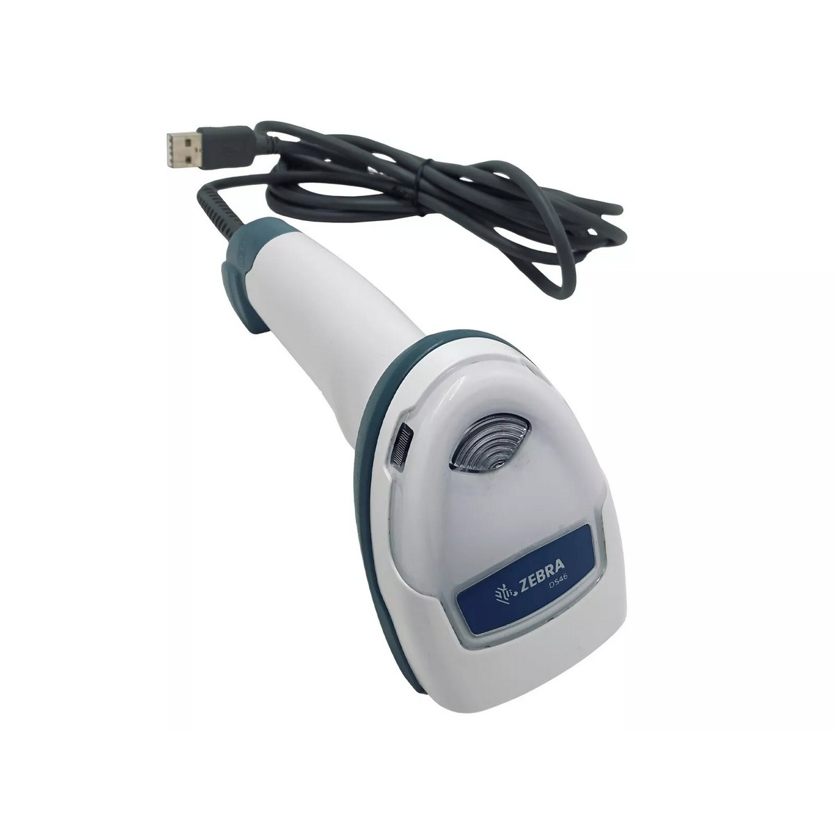 Scanner per codici a barre Zebra bianco e verde acqua con cavo nero e connettore USB su sfondo bianco.
