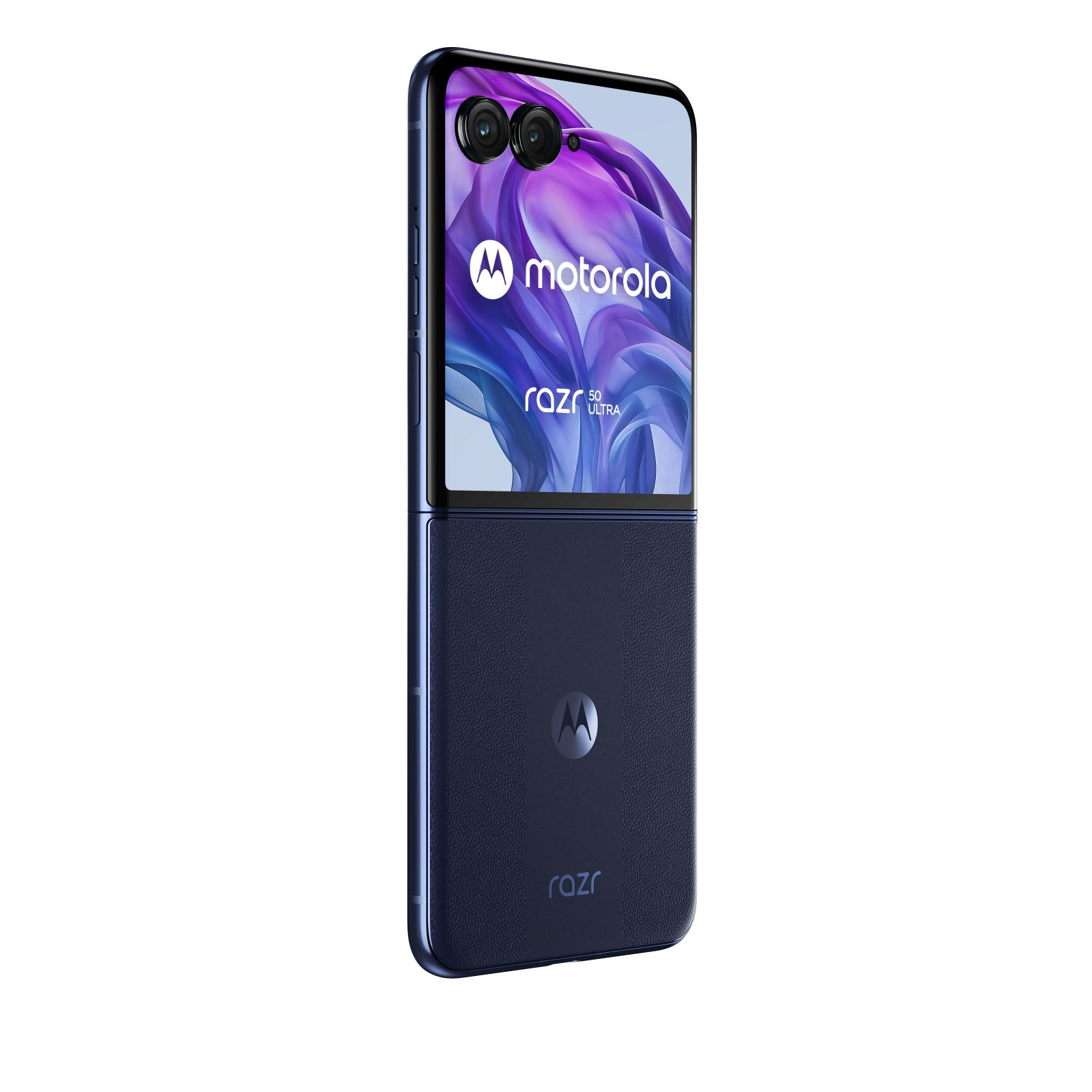 Teléfono Motorola Razr plegable azul marino. El teléfono está cerrado, mostrando el exterior con dos cámaras.