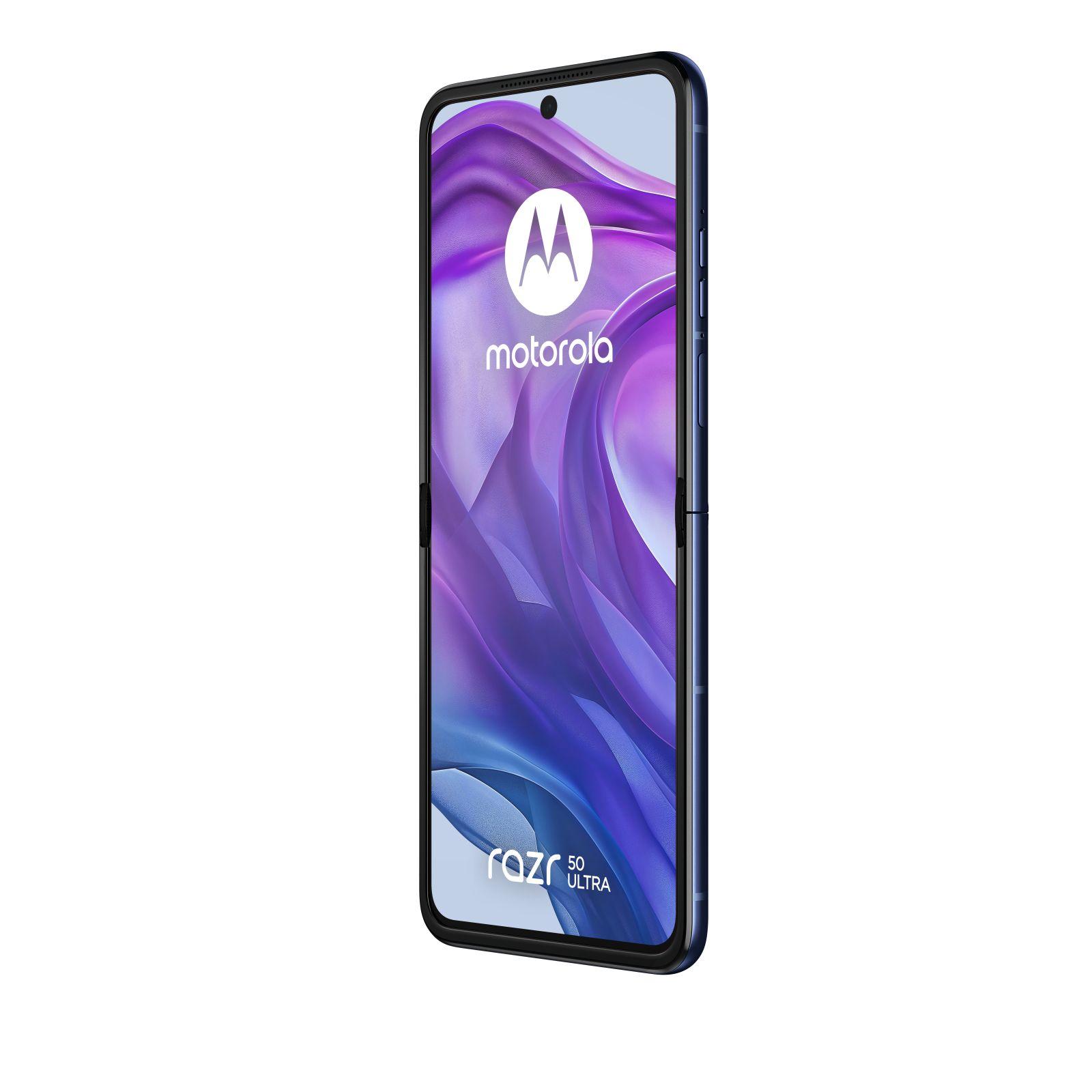Un smartphone plegado Motorola Razr 5G Ultra con la pantalla encendida, que muestra un fondo púrpura y blanco.