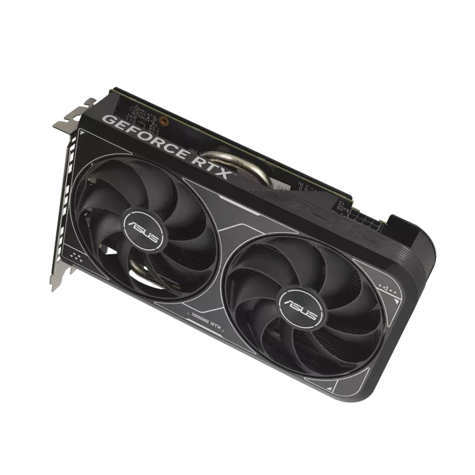 Karta graficzna ASUS GeForce RTX z dwoma wentylatorami na białym tle.