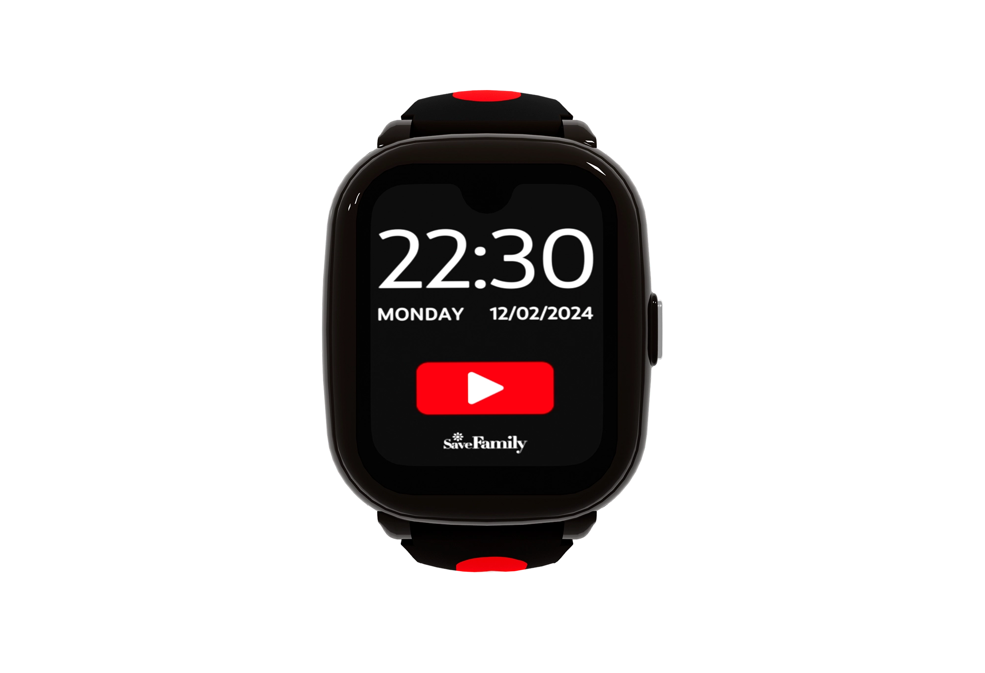Smartwatch con un pulsante di riproduzione rosso sullo schermo, sfondo nero.