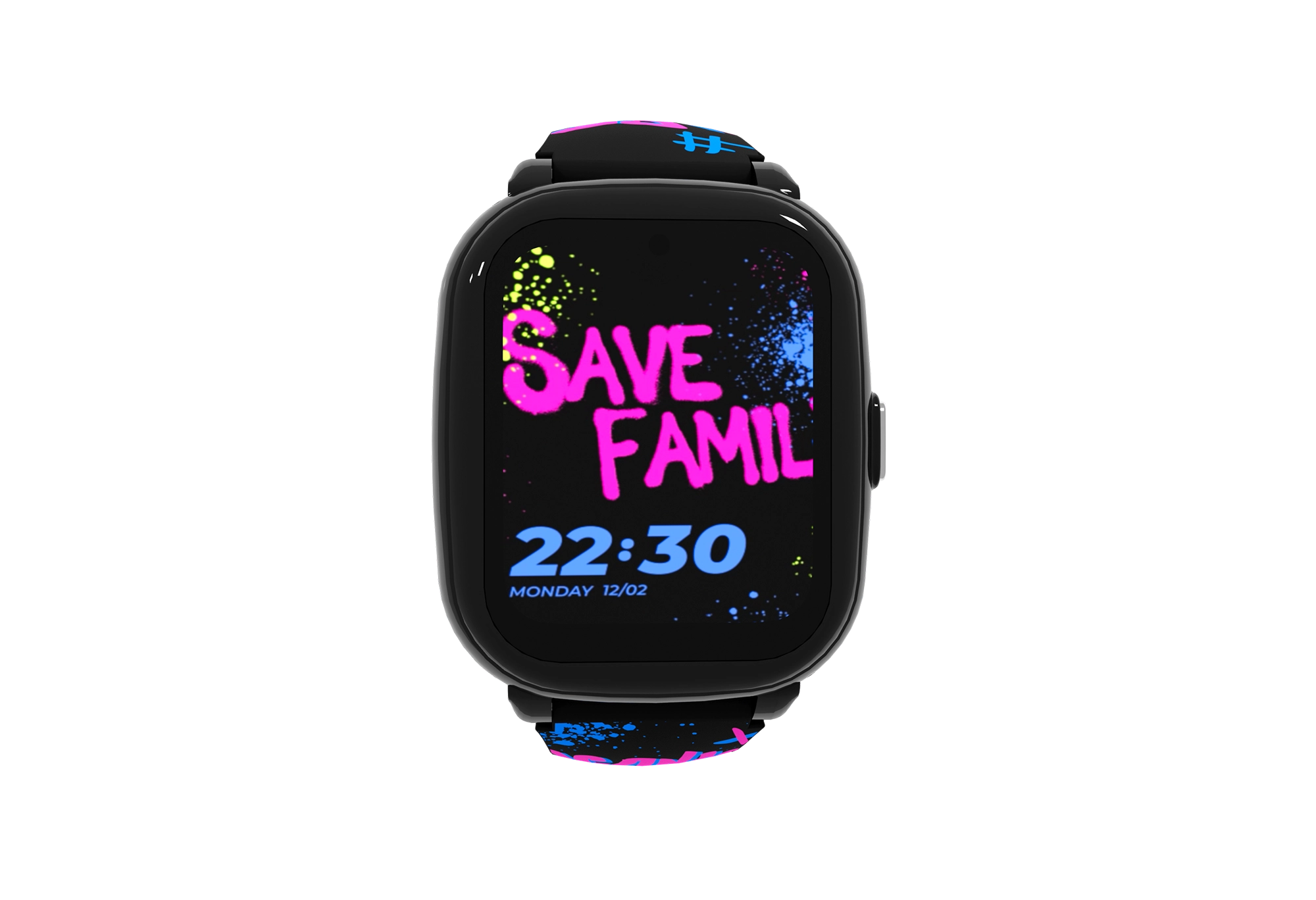 Smartwatch negra con pantalla gráfica colorida sobre fondo negro.