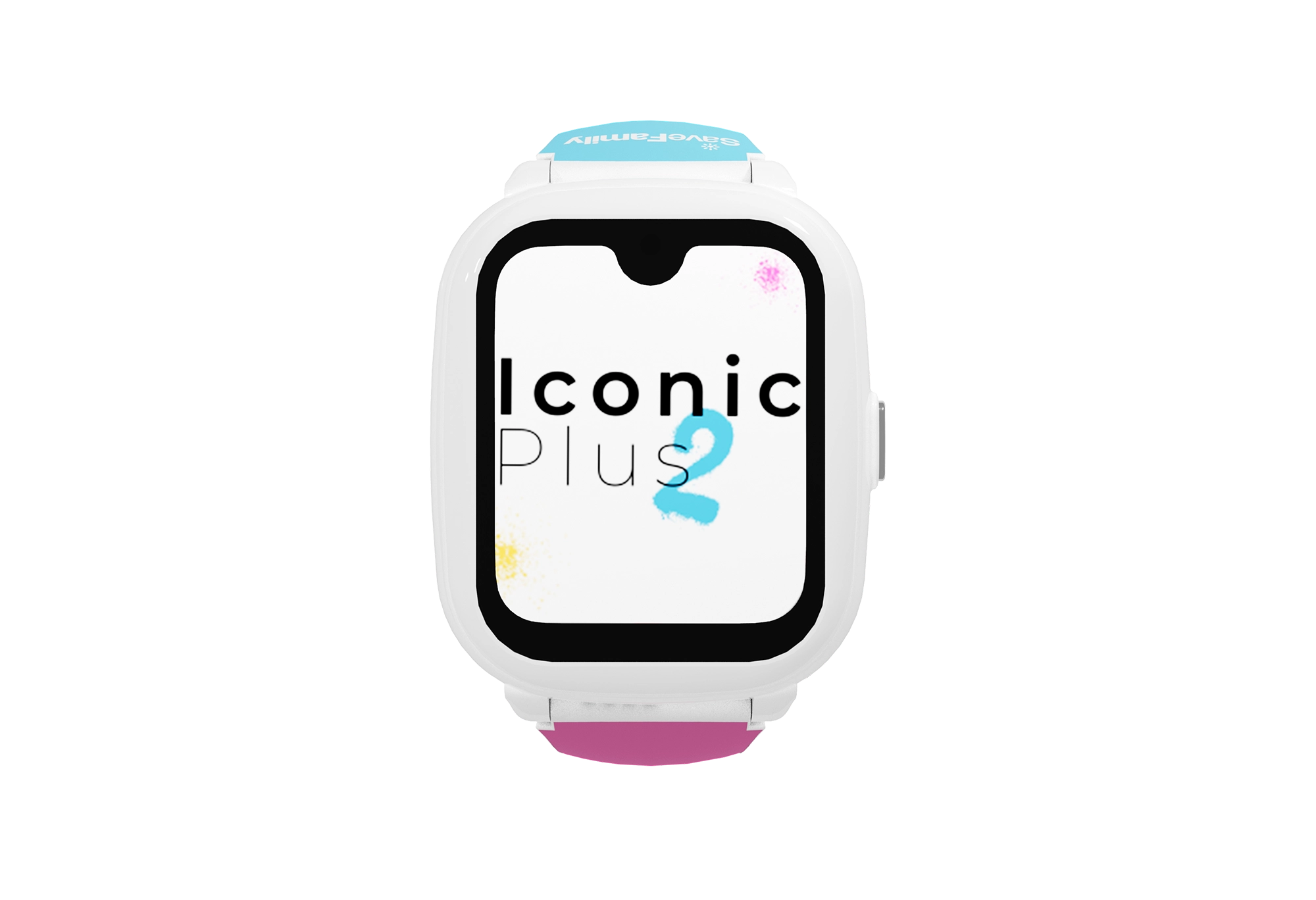 Smartwatch blanca con pantalla que muestra "Iconic Plus 2". La correa es rosa.