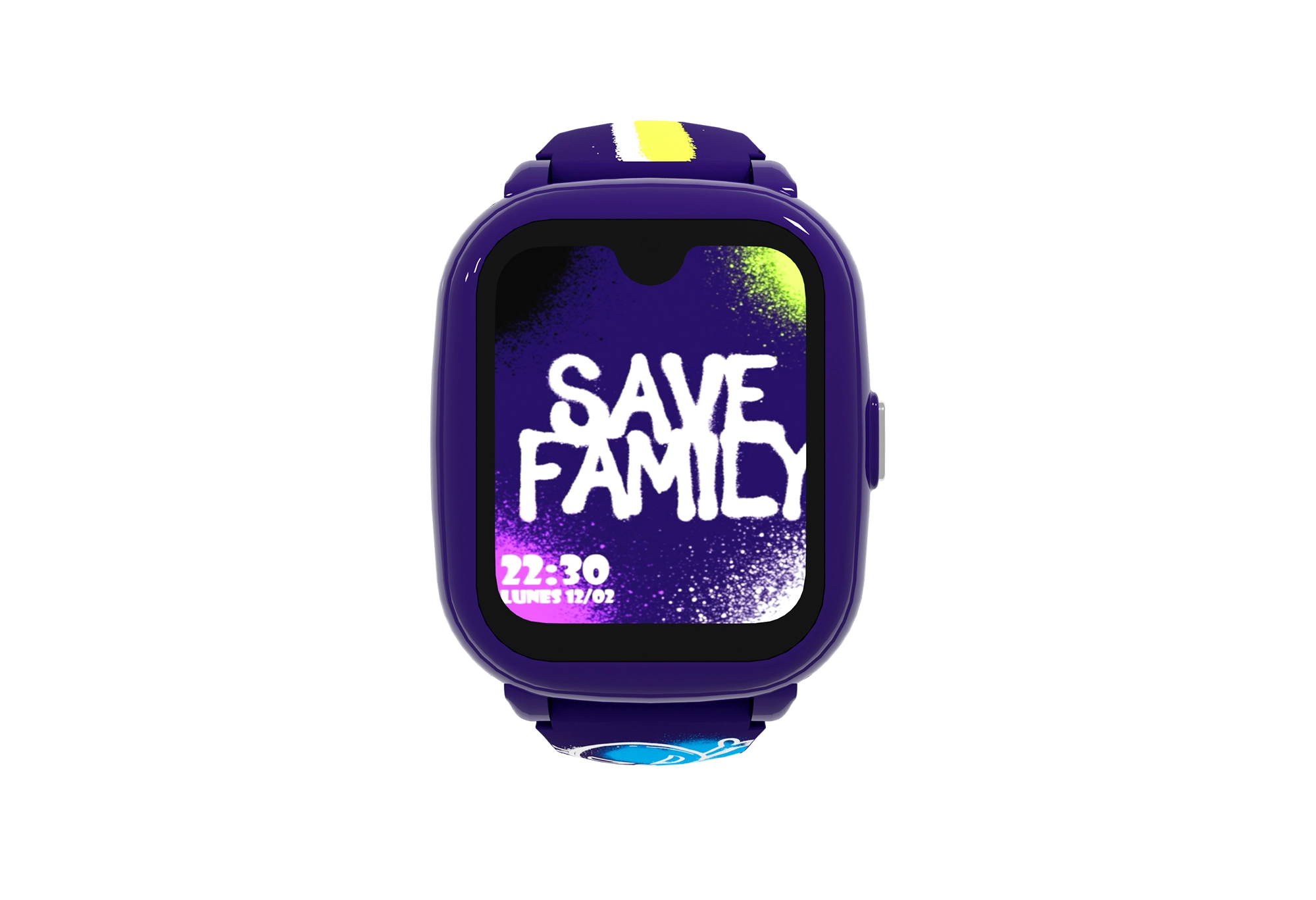 Uno smartwatch viola che mostra 'SAVE FAMILY', con sfondo nero.