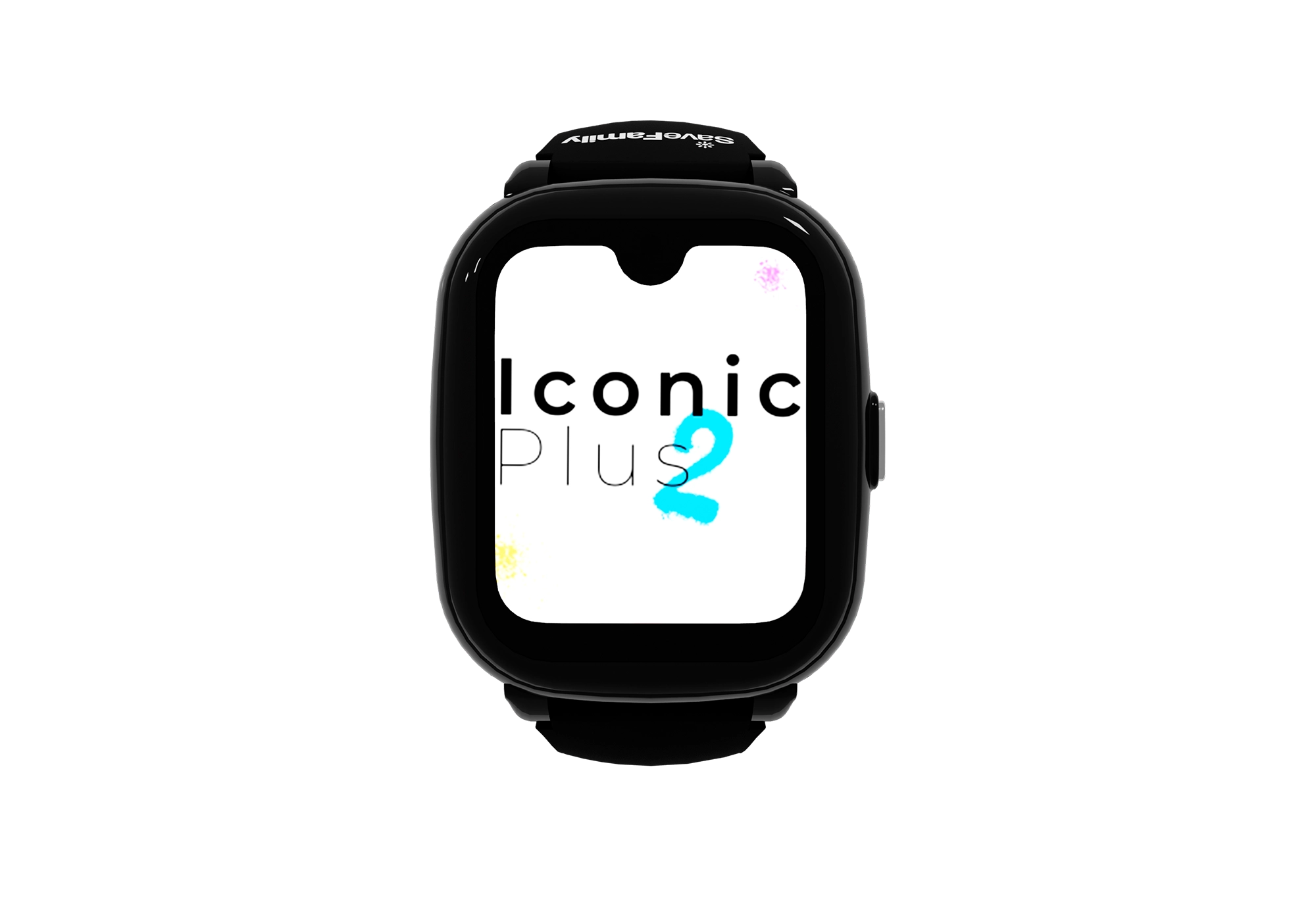 Smartwatch negra con pantalla blanca que muestra 'Iconic Plus 2'. Fondo negro. Marca: Sevefamily.