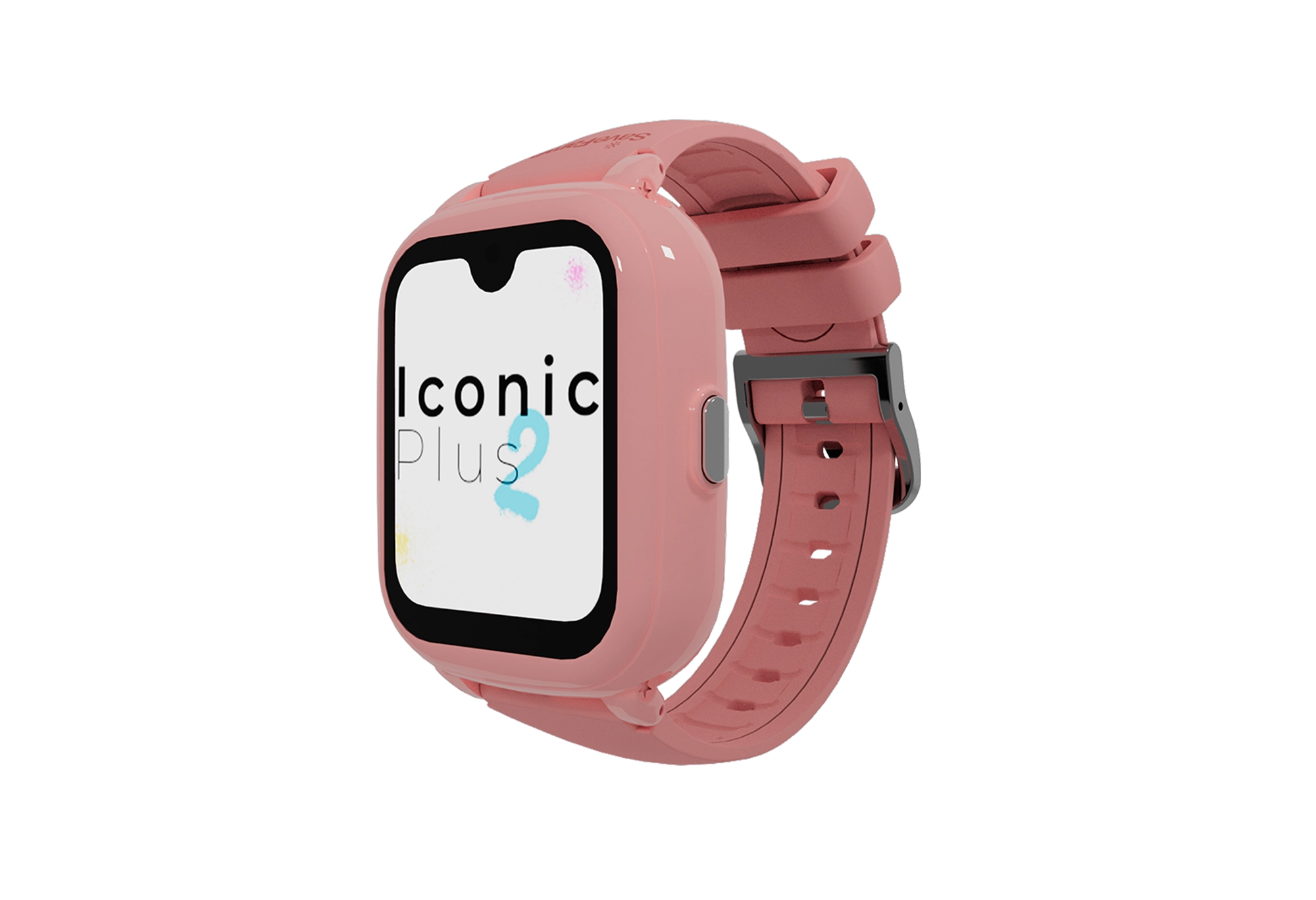 Smartwatch rosa con touchscreen, cinturino nero e scritta 'Iconic Plus'.