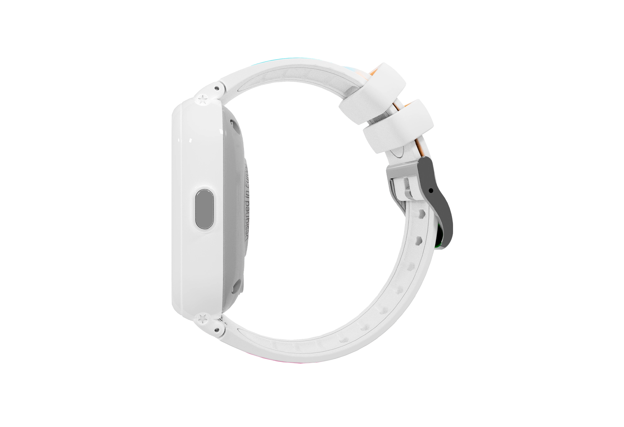 Reloj inteligente blanco con correa blanca, visto de lado.