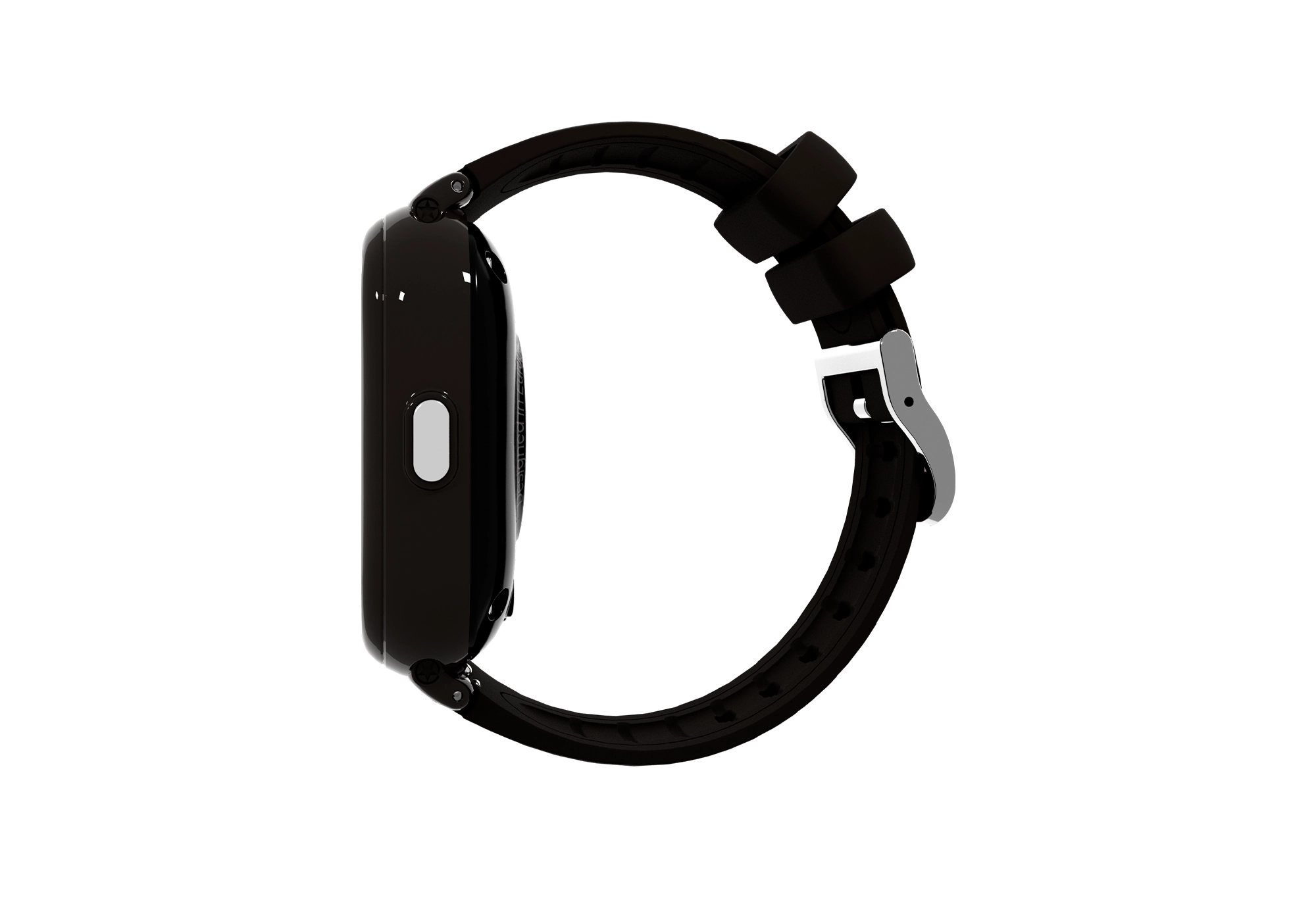 Smartwatch nero in vista laterale, con cinturino nero e fibbia argentata.