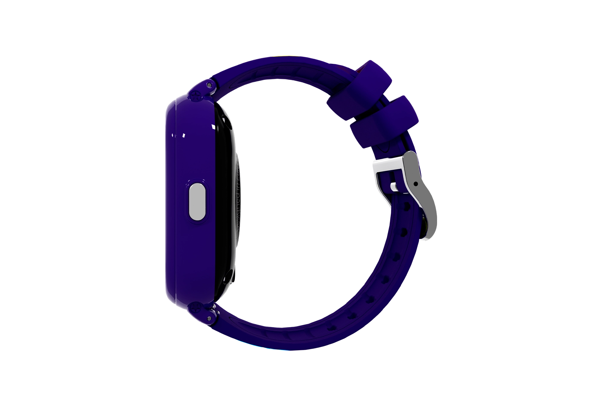 Vista laterale di uno smartwatch viola con cinturino viola.