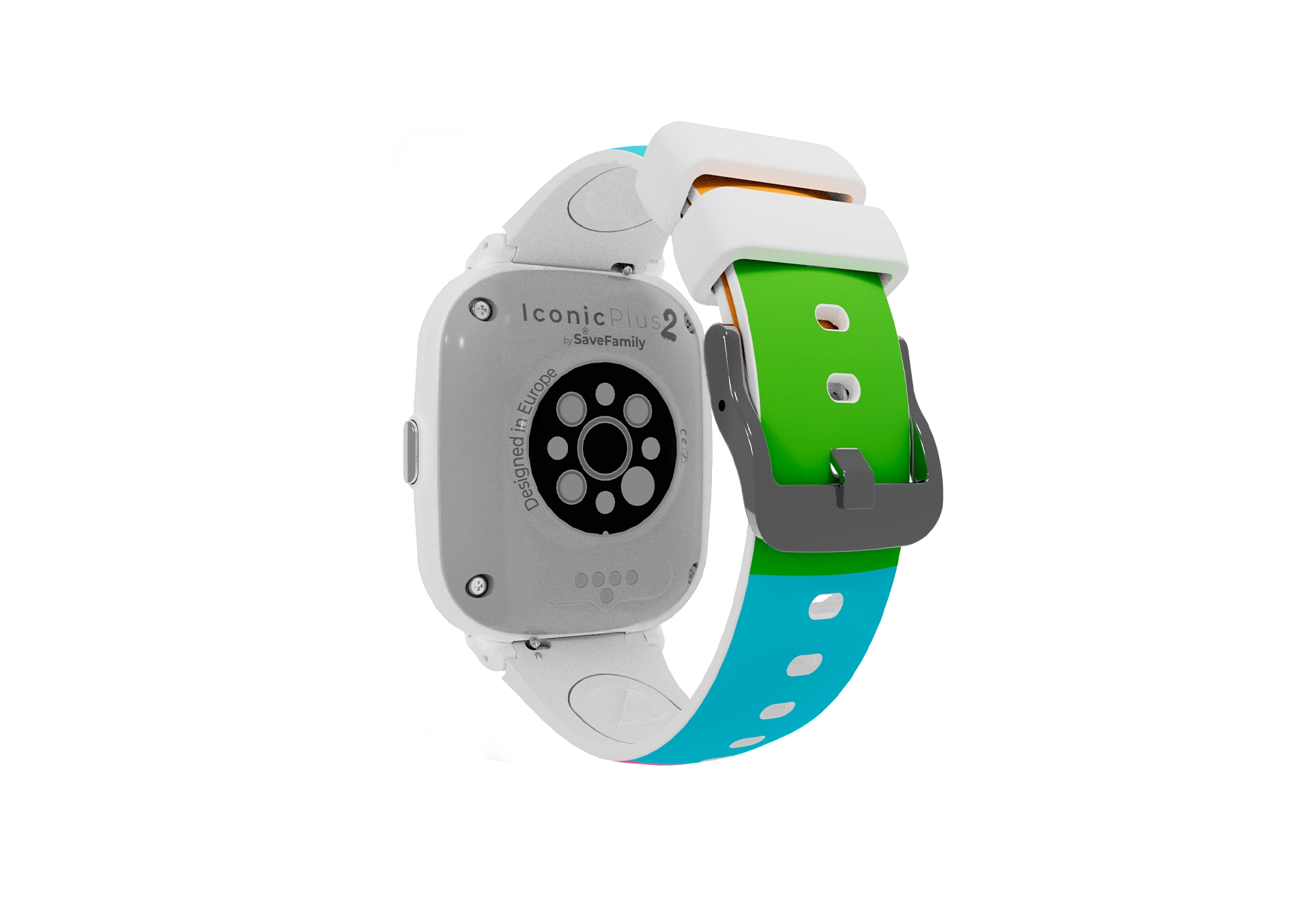 Un reloj inteligente con correa verde y azul, con parte trasera blanca con sensores.