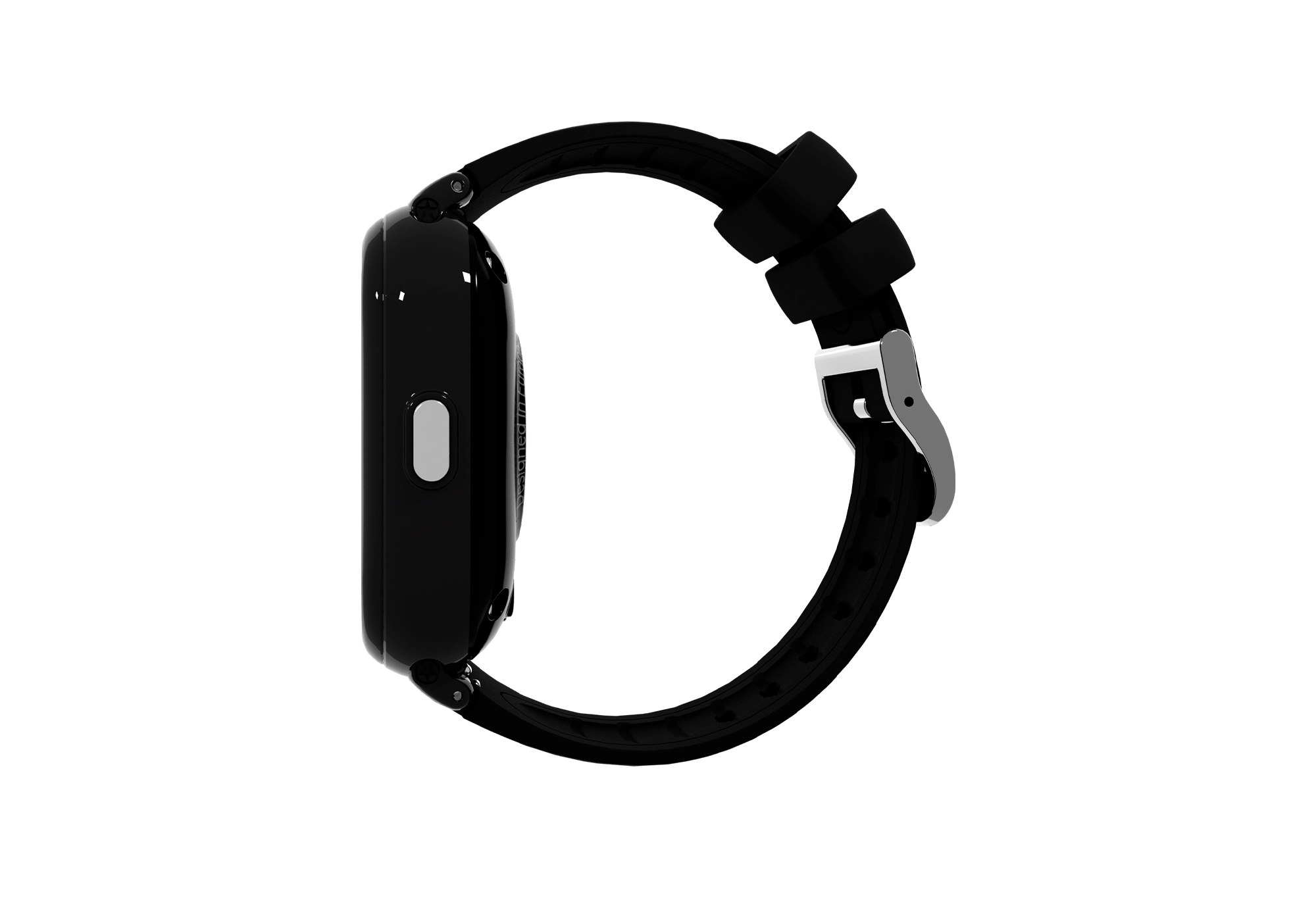 Smartwatch negra con correa negra sobre fondo negro. Vista lateral con detalles de botón y hebilla.