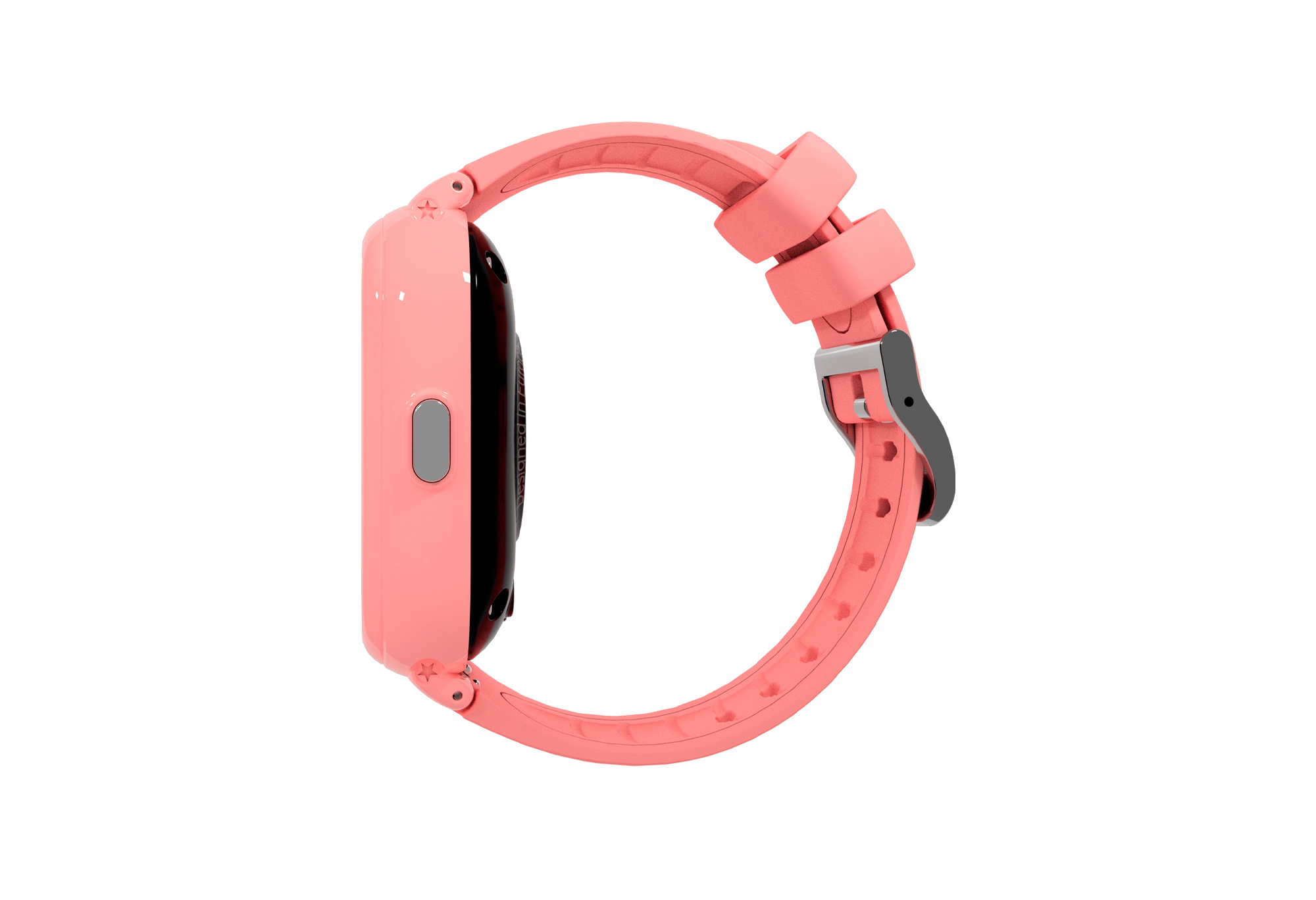 Smartwatch rosa. L'orologio ha un cinturino rosa e un quadrante rettangolare con un pulsante laterale.