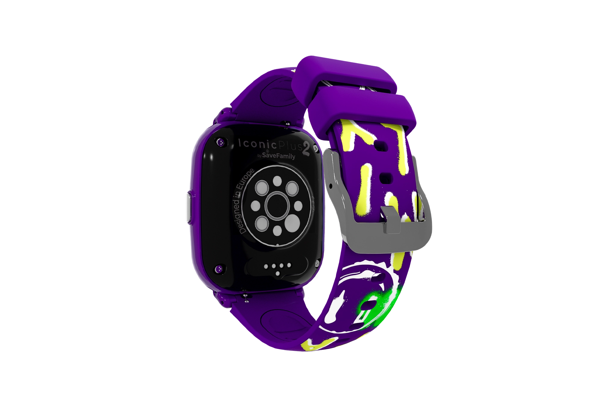Uno smartwatch viola con cinturino viola. Ha un design giallo e verde sul cinturino.