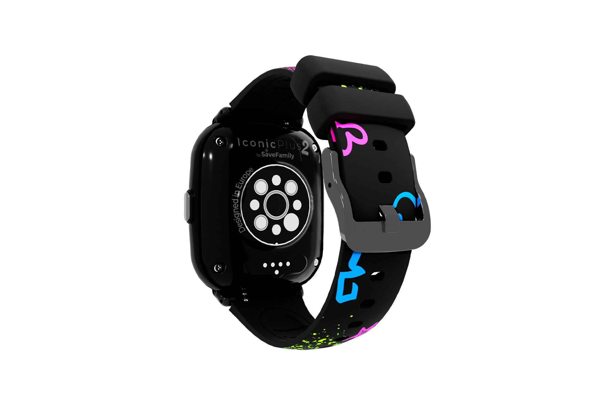 Smartwatch negra con correa negra. El reloj muestra la parte trasera y la correa tiene un diseño colorido.