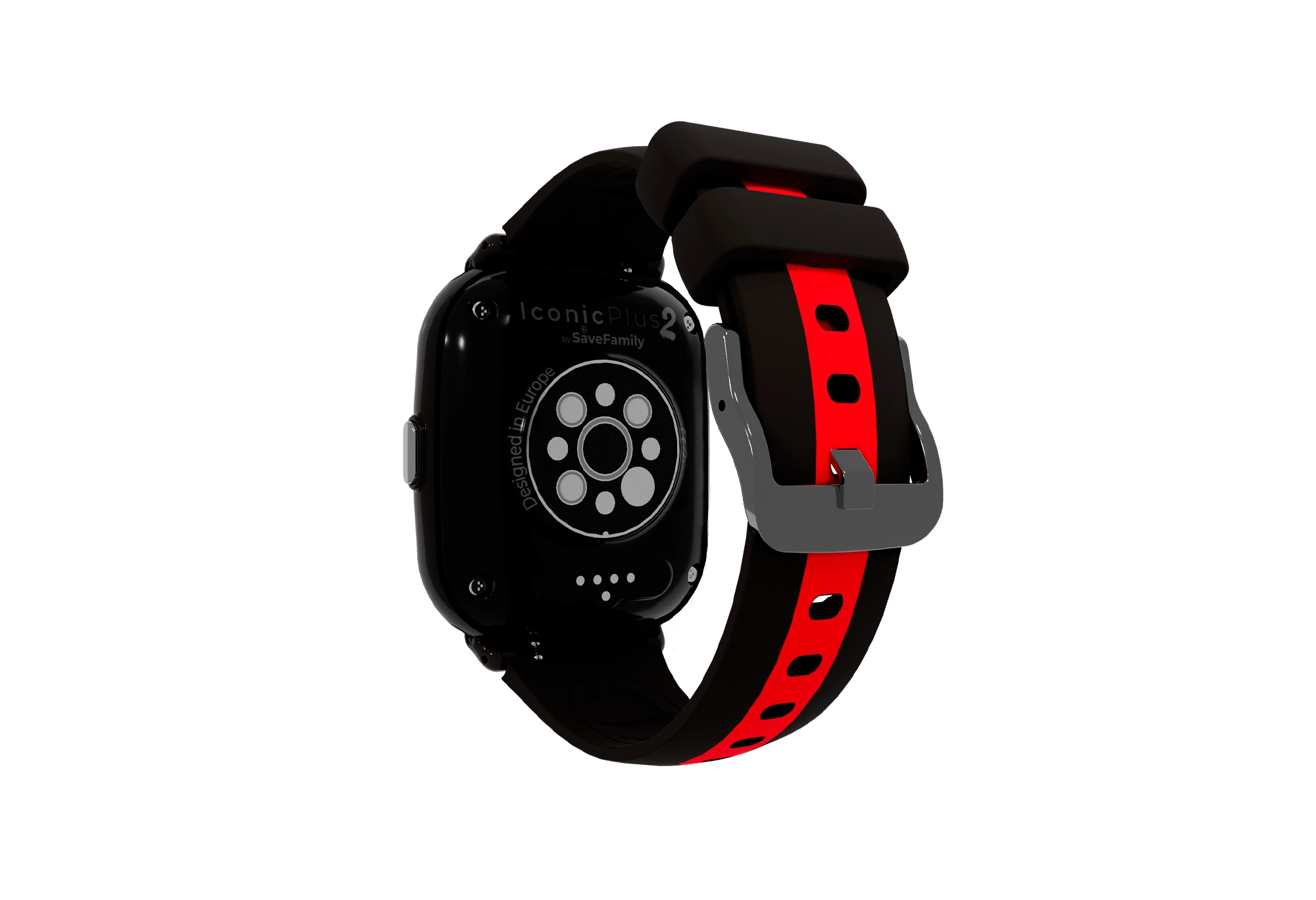 Retro smartwatch nero, cinturino rosso e nero. Sensore di frequenza cardiaca visibile.