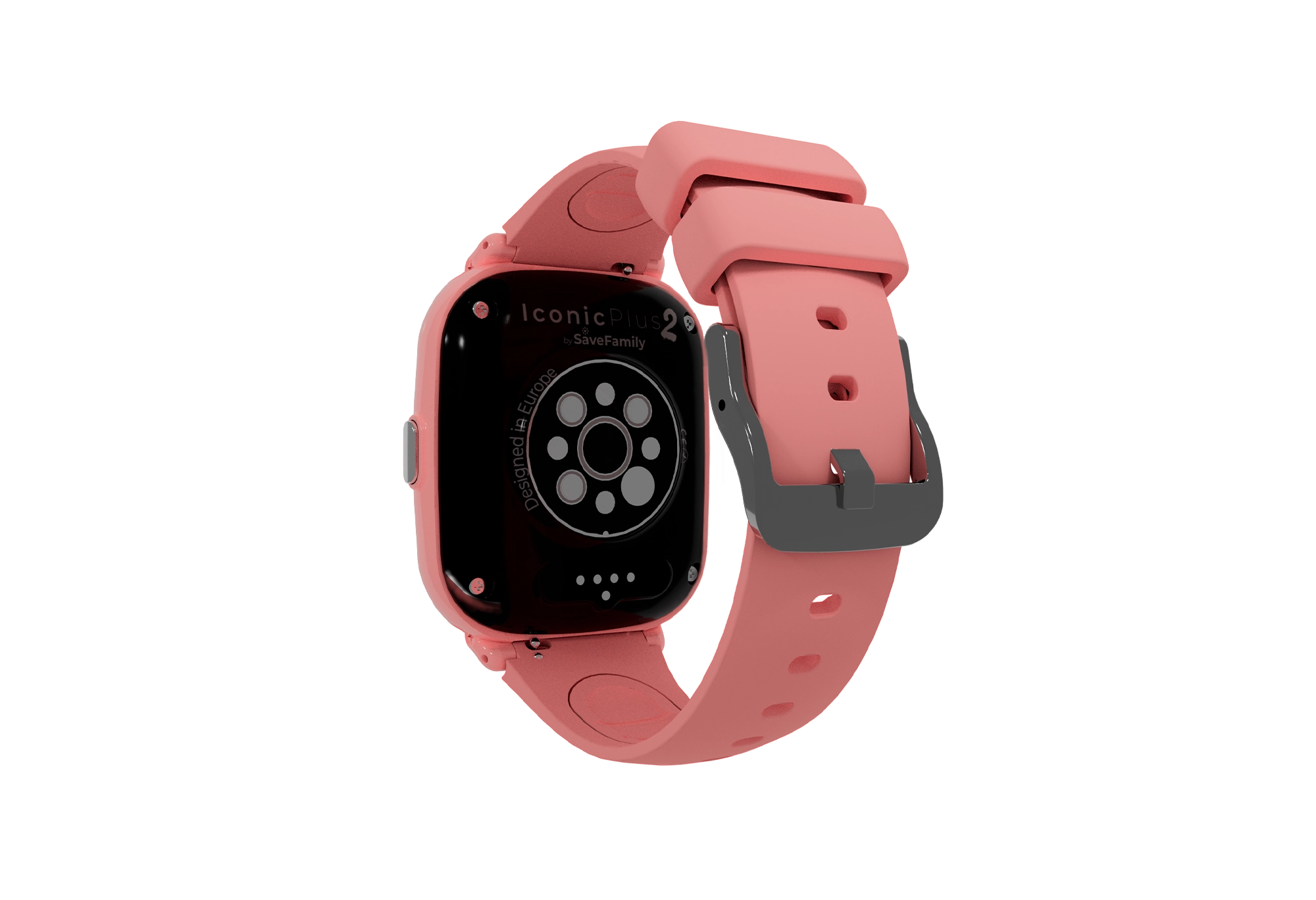 Uno smartwatch rosa visto da dietro. Ha un cinturino rosa e schermo nero su sfondo nero.