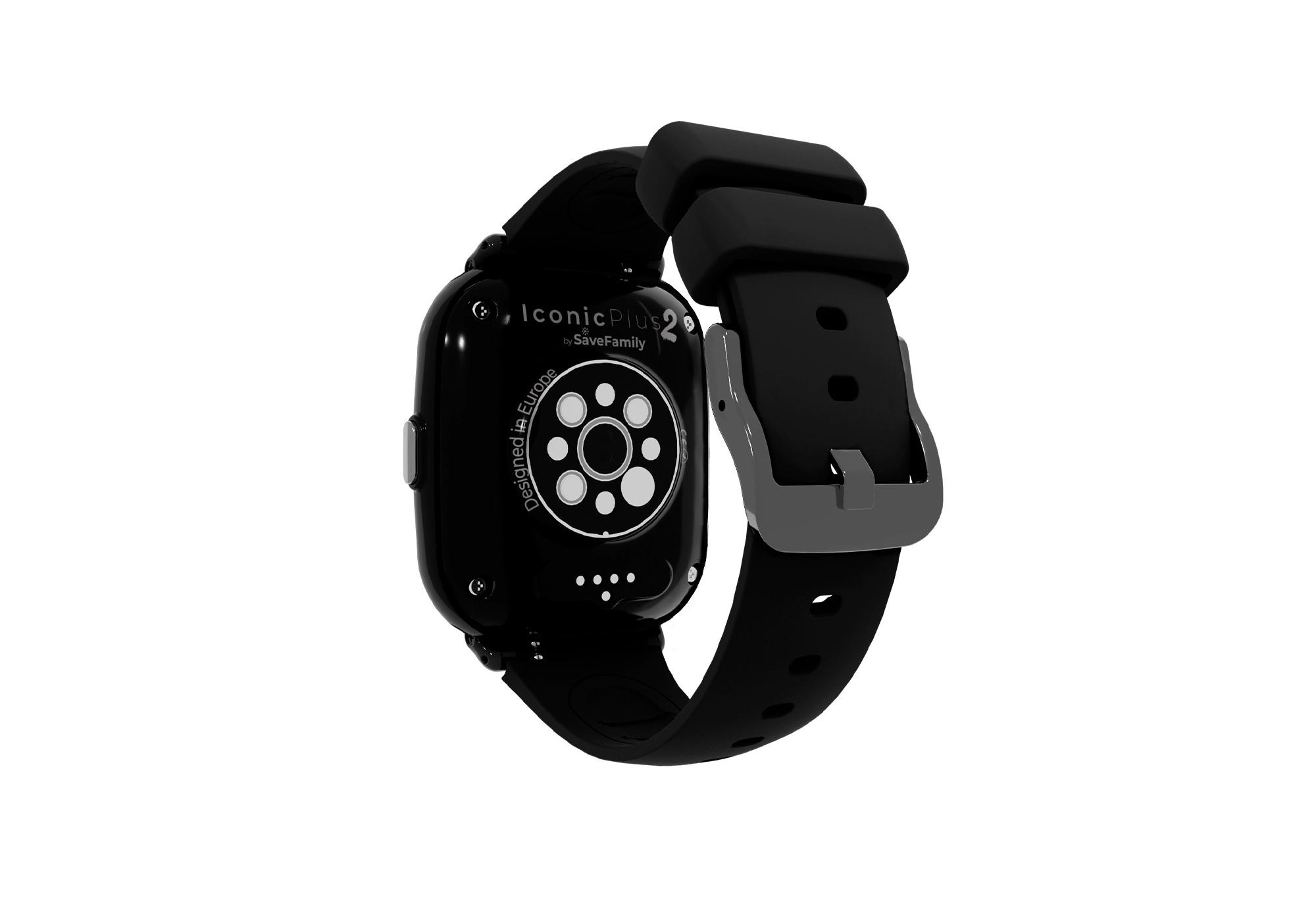 Reloj inteligente negro con correa negra, vista trasera. El reloj dice 'IconicPlus2' y tiene un sensor redondo.