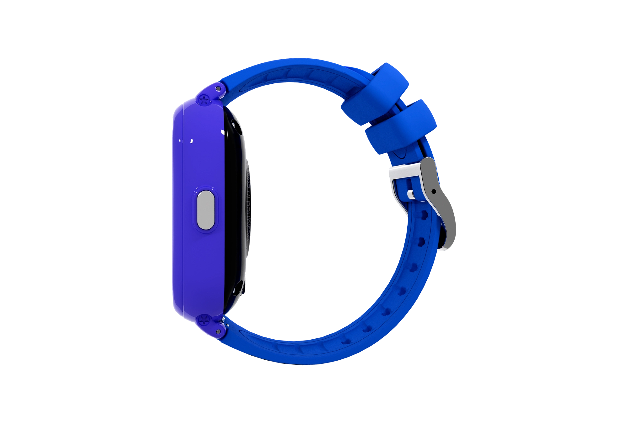 Vista laterale di uno smartwatch blu con cinturino blu e sfondo nero.
