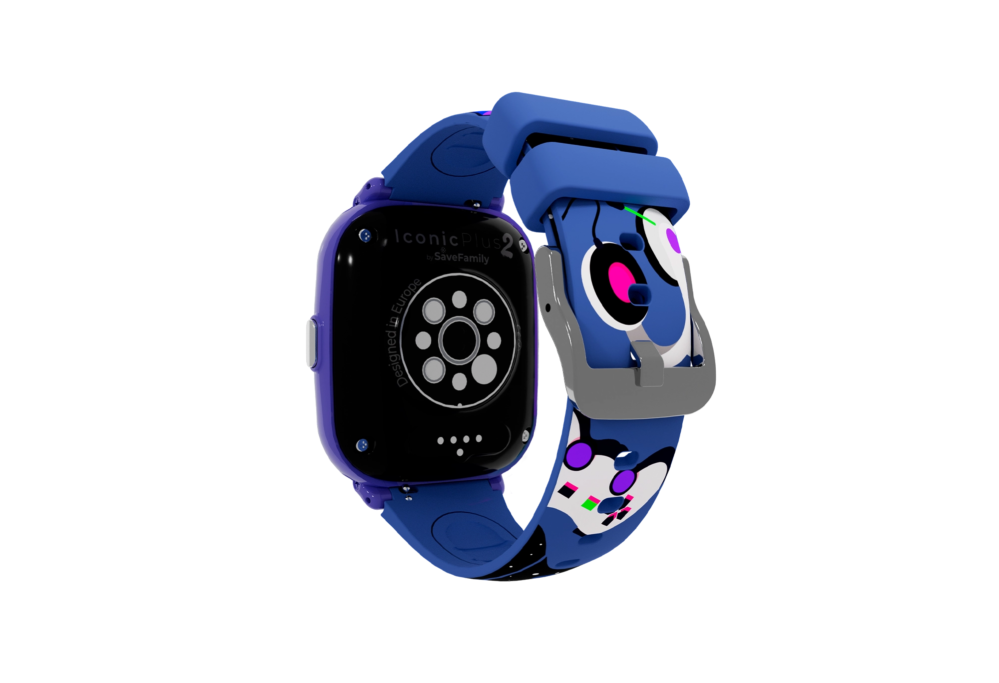 Smartwatch blu e viola con cinturino blu. Il retro ha il logo IconicPlus2.