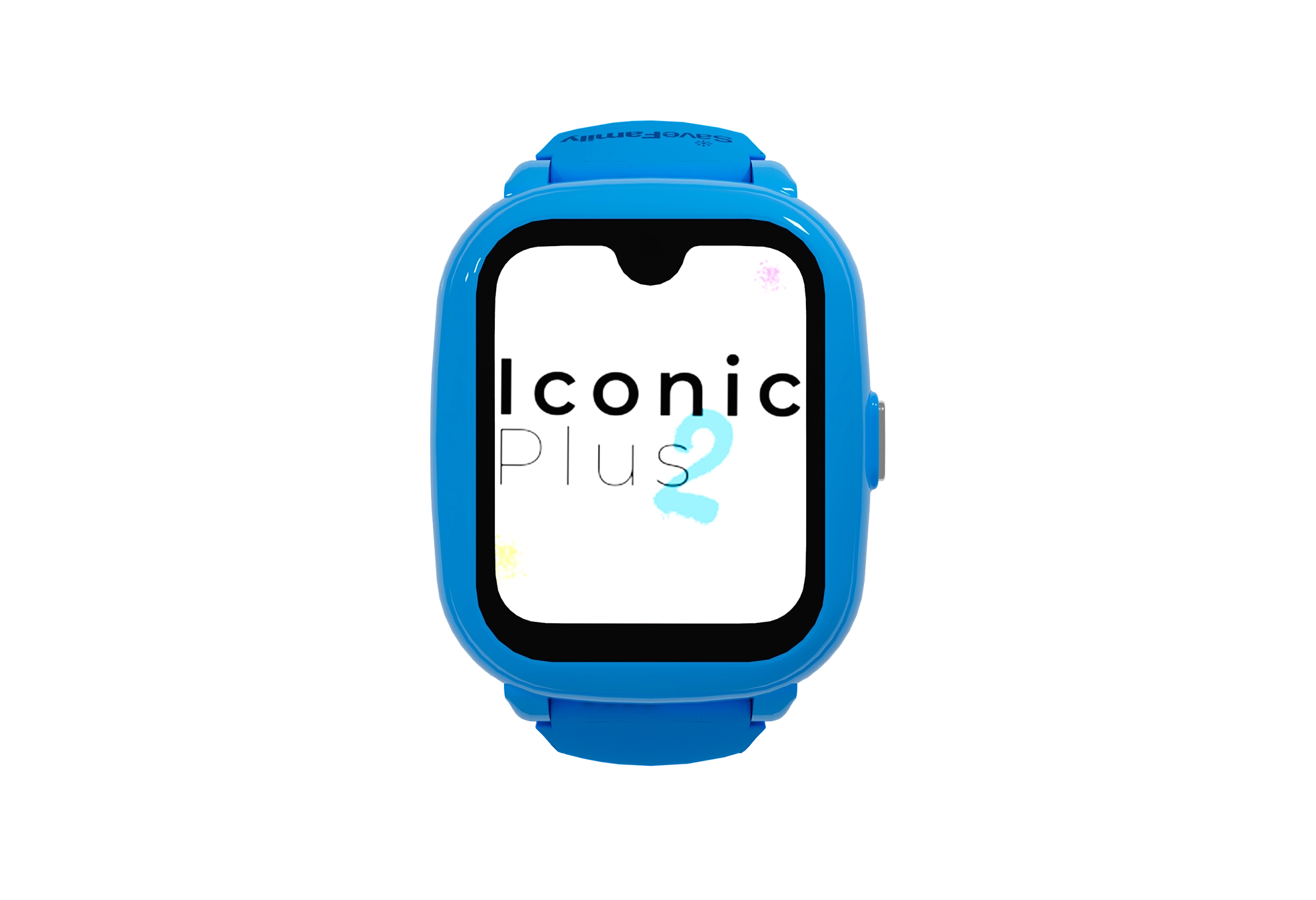 Smartwatch blu con schermo bianco, mostra "Iconic Plus 2", sfondo nero.
