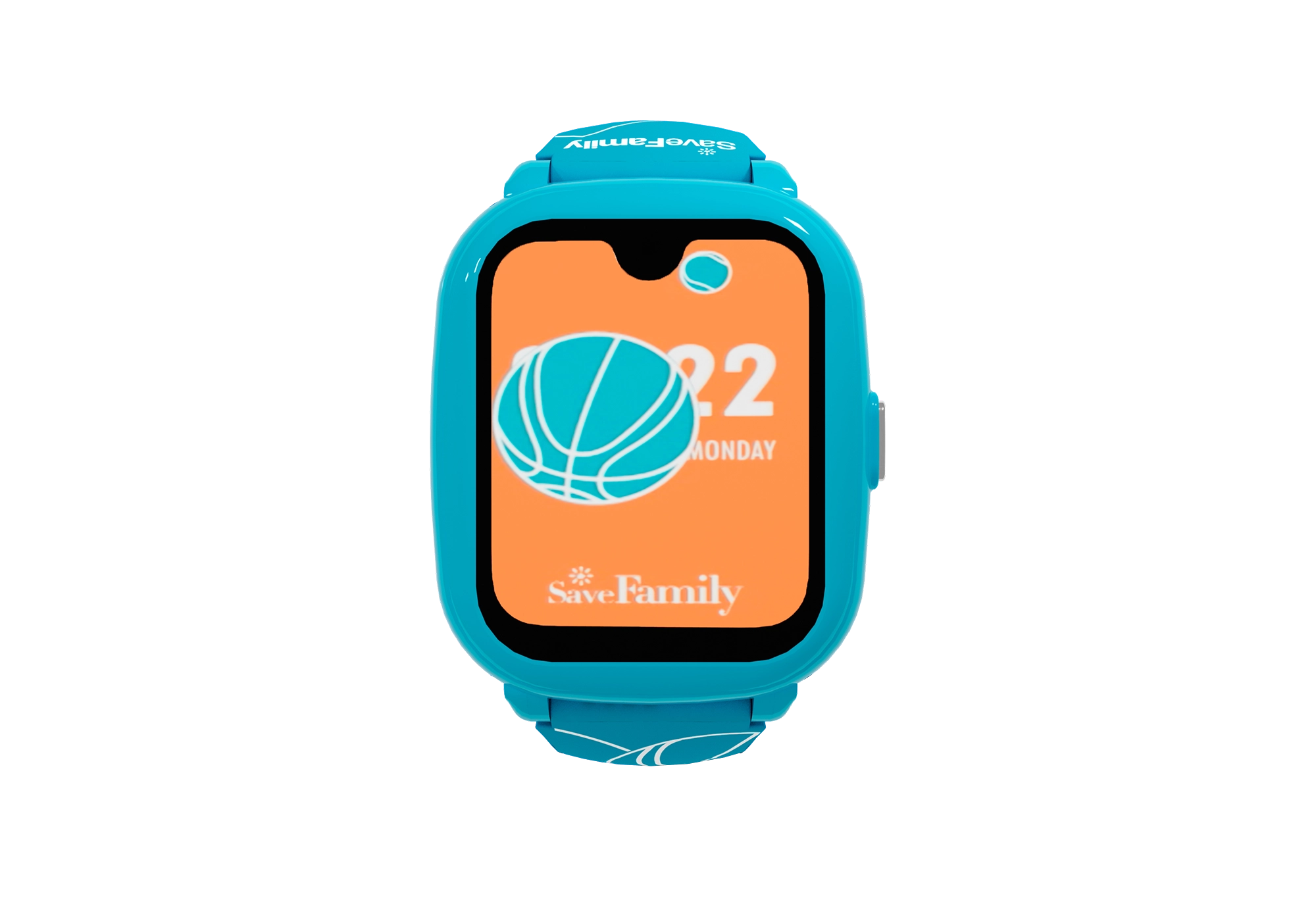 Uno smartwatch con cinturino blu mostra un pallone da basket su schermo arancione.