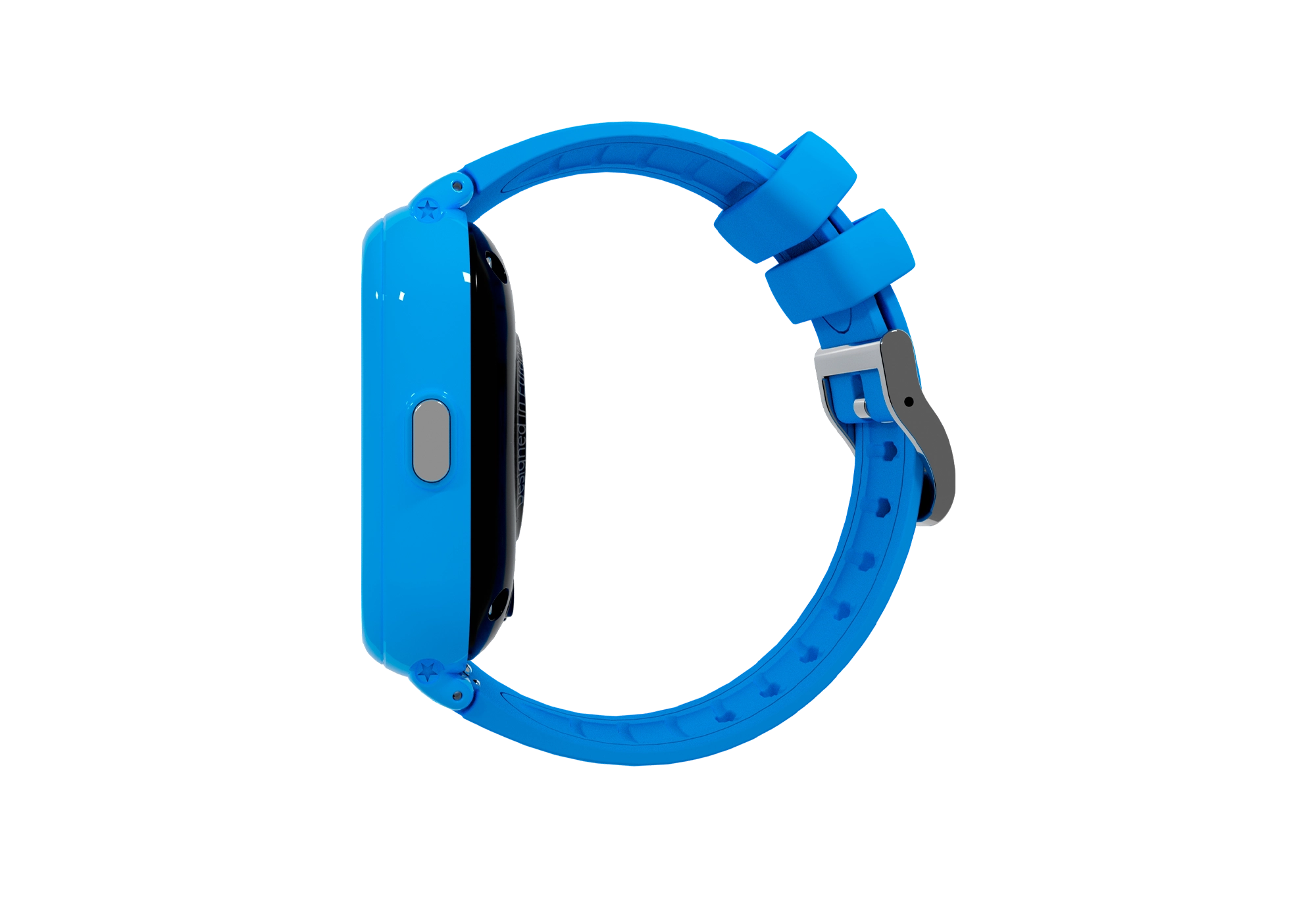 Smartwatch blu su sfondo nero, che mostra la vista laterale dell'orologio con il cinturino.
