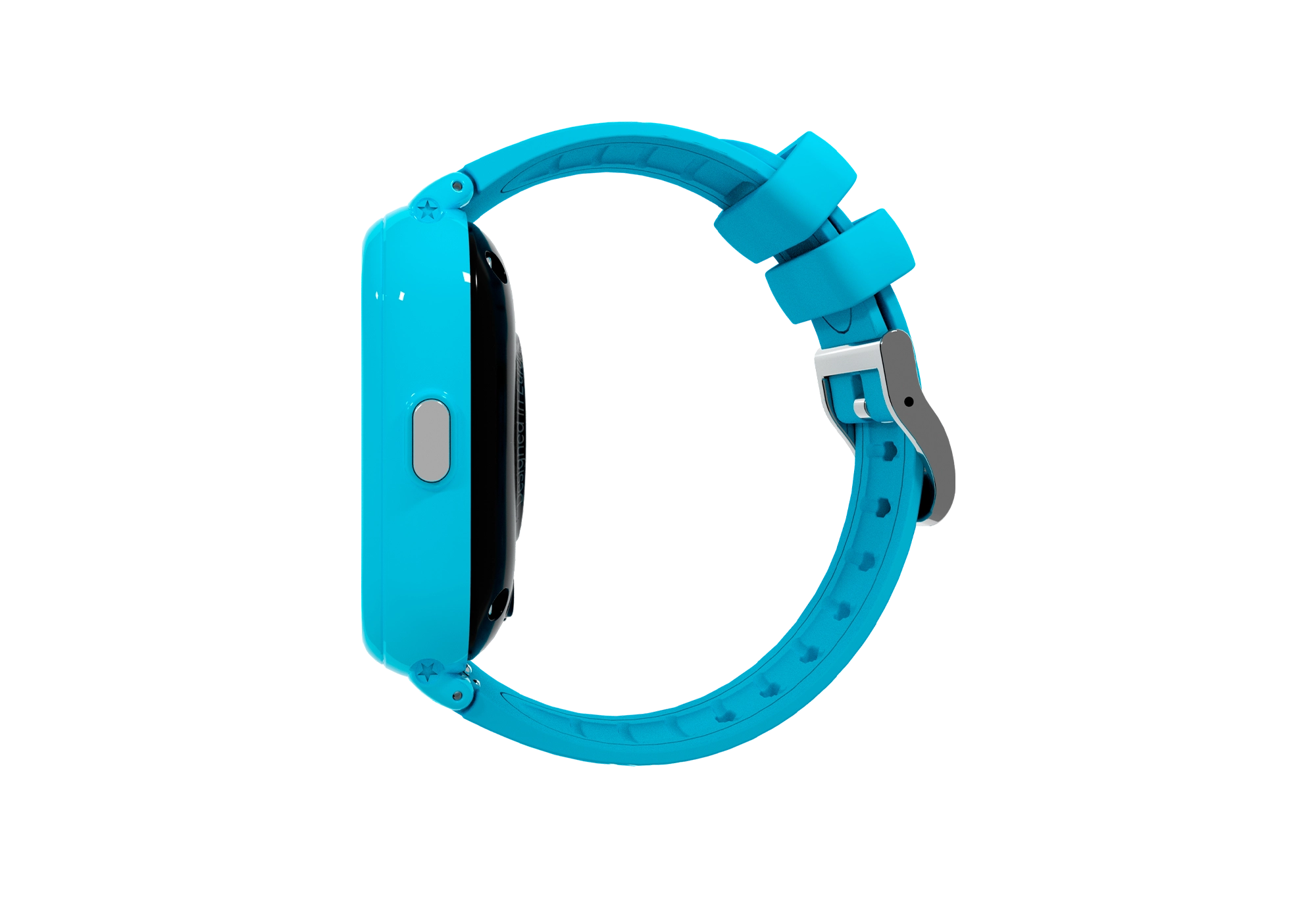 Profilo laterale di uno smartwatch blu con cinturino blu e schermo nero.