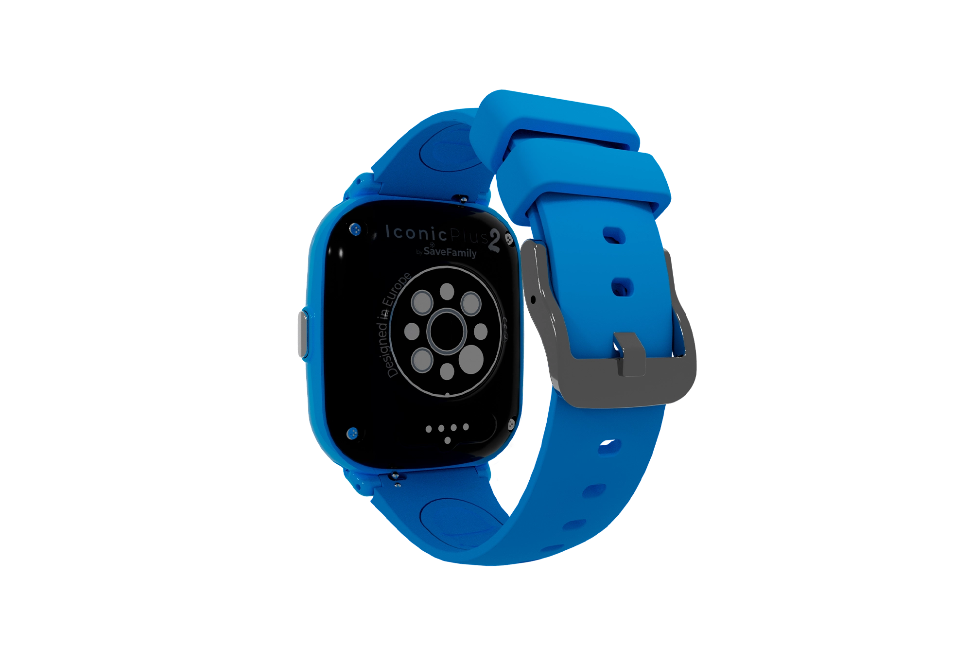 Retro smartwatch blu, con sensore di frequenza cardiaca e cinturino.