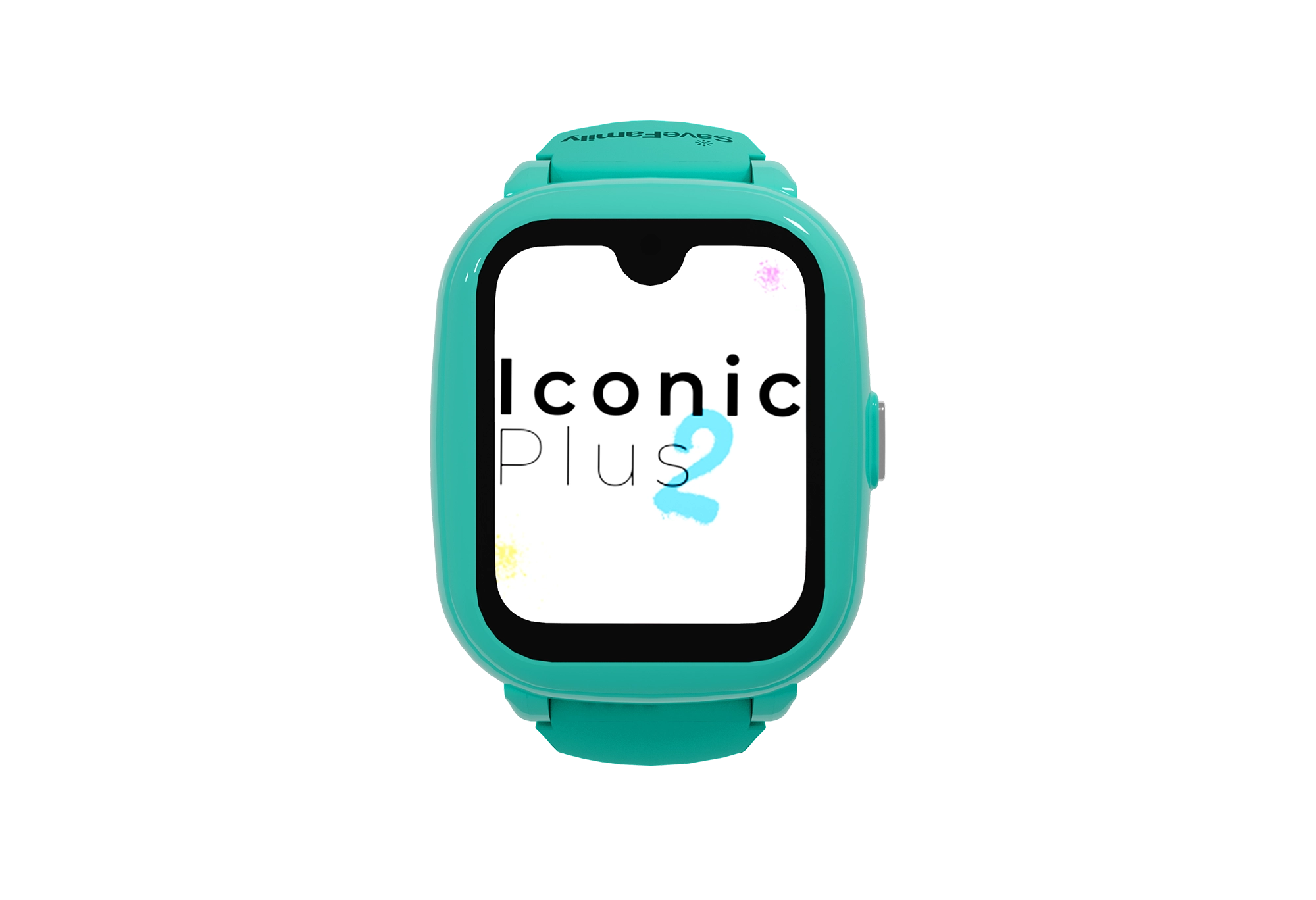 Smartwatch turchese con schermo bianco che mostra il testo 'Iconic Plus 2'.
