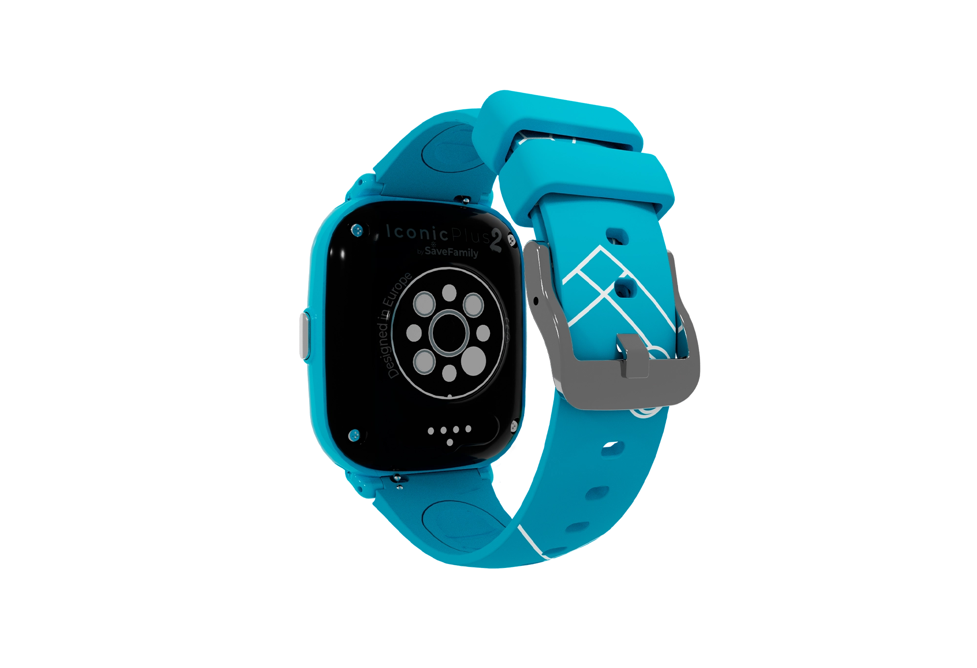 Smartwatch blu, vista posteriore, cinturino blu, schermo nero e fibbia grigia.