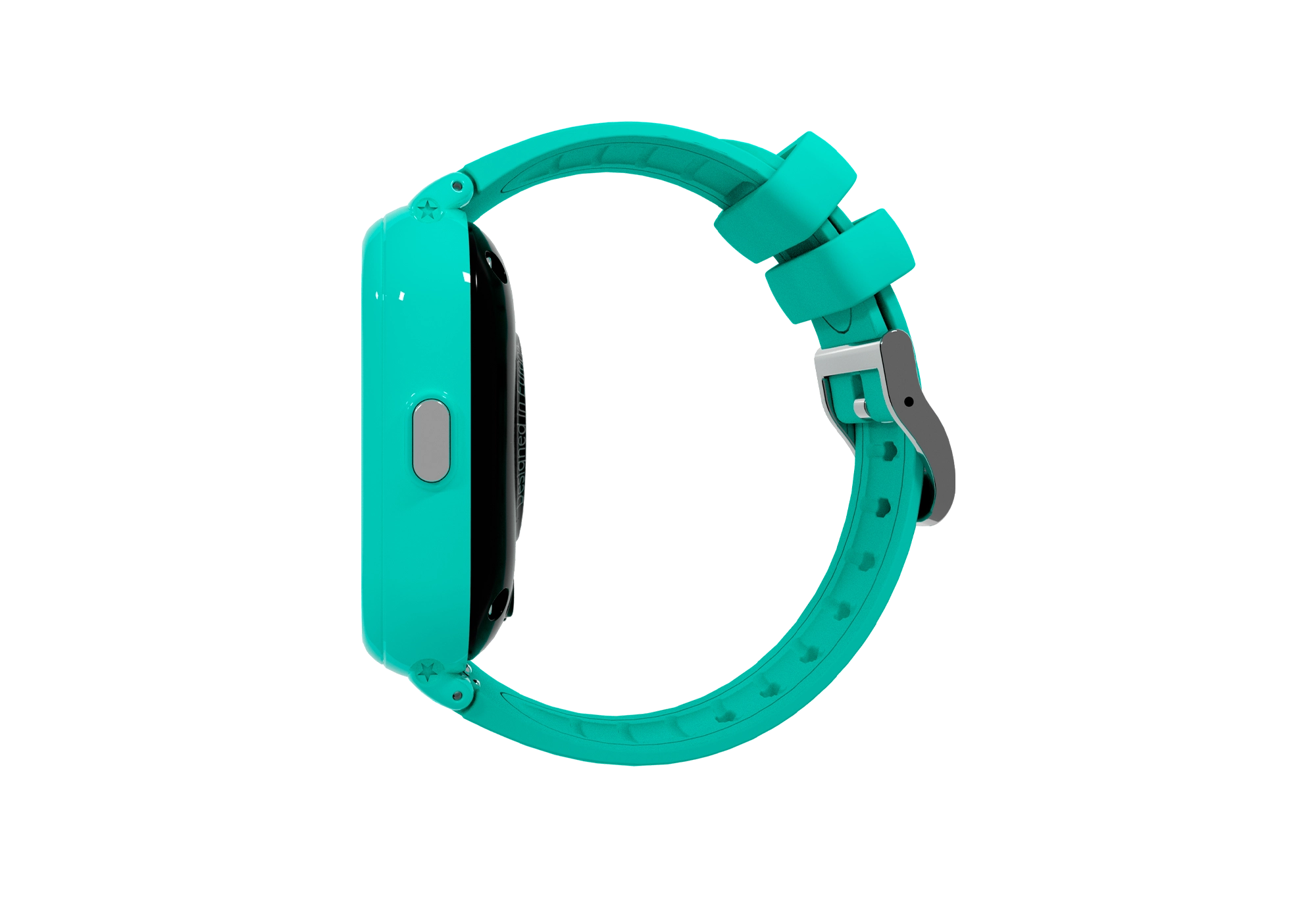 Smartwatch turchese, vista laterale, schermo nero, cinturino turchese con chiusura argentata.
