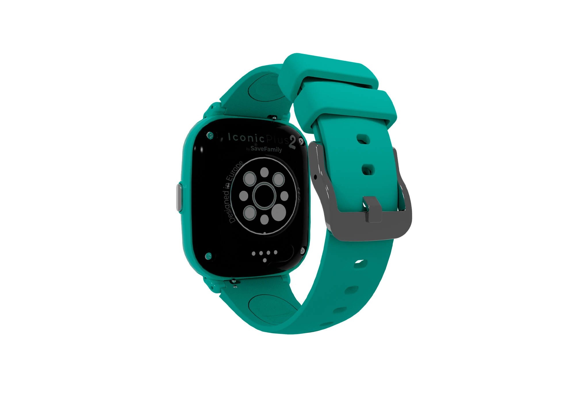 Uno smartwatch turchese con cinturino turchese e retro nero con sensore.