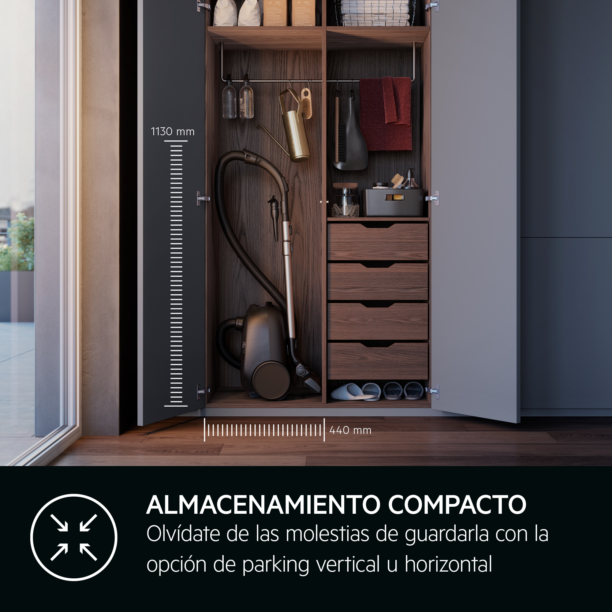 An open cabinet shows a vacuum cleaner, cleaning supplies, and drawers. Measurements are visible on the side.