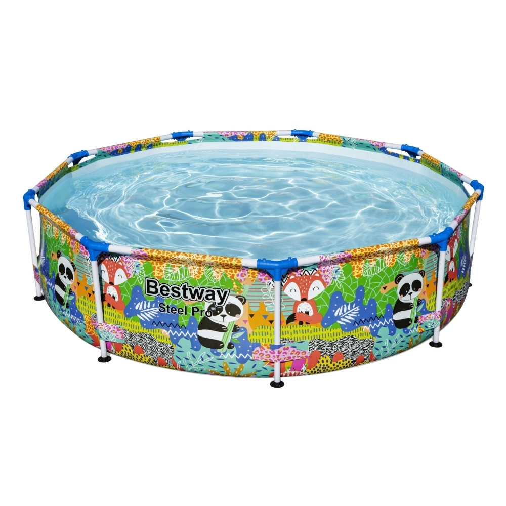 Piscine ronde avec motif animaux de la jungle, eau bleue et logo Bestway.