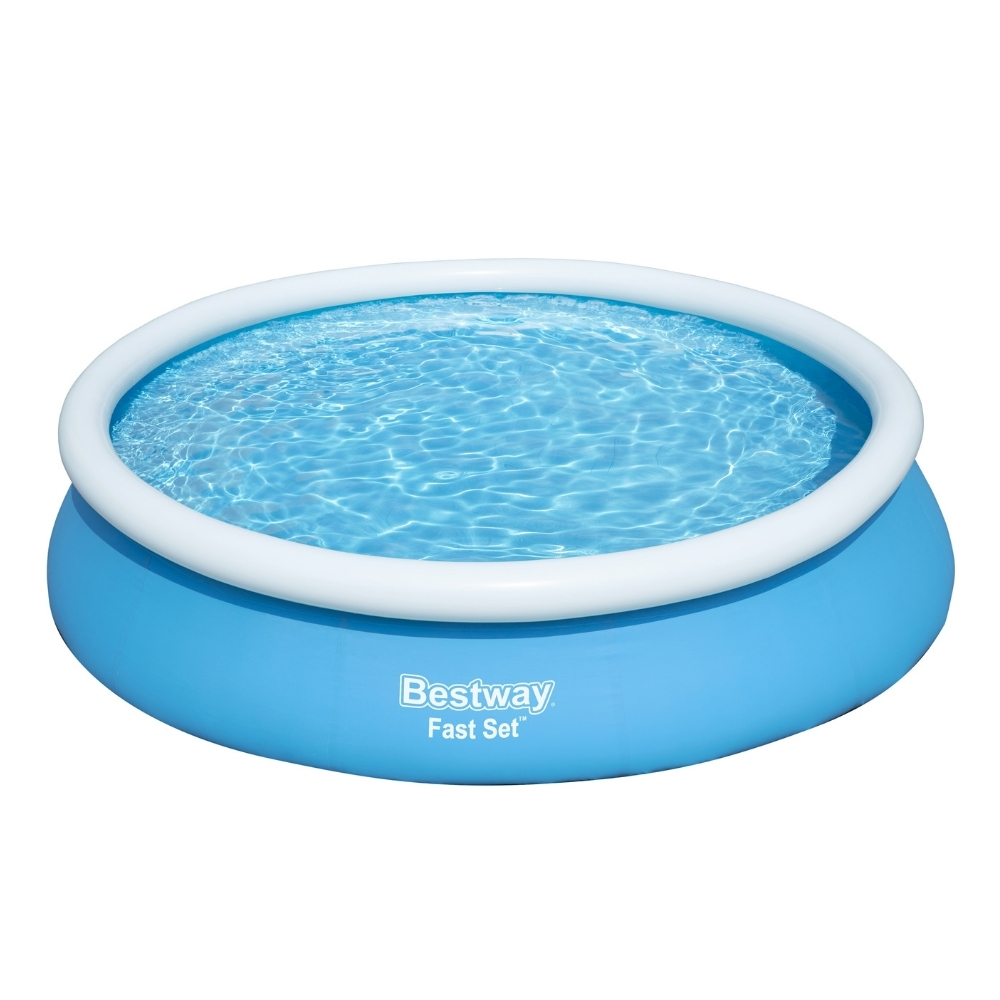 Piscine ronde bleue avec bordure blanche et logo 'Bestway', pleine d'eau.
