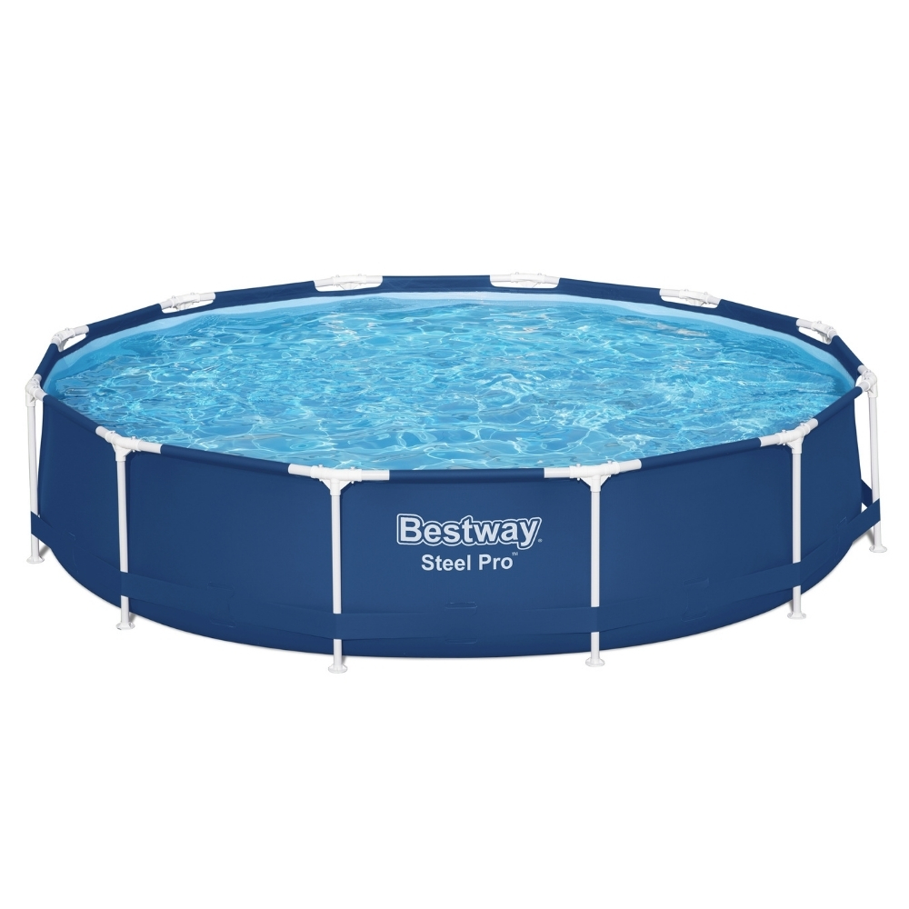 Piscine ronde bleue, cadre acier, détails blancs, eau, logo Bestway.