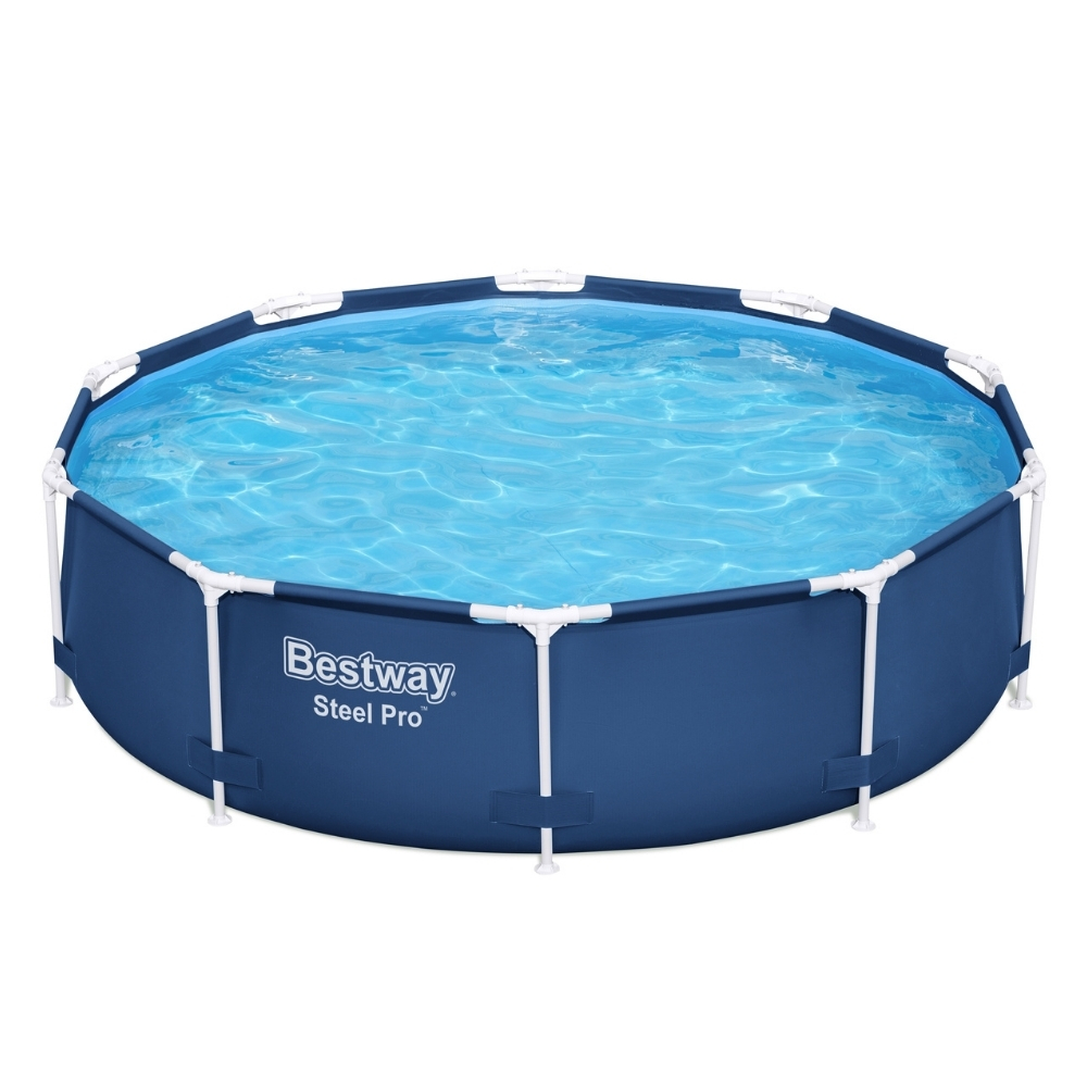 Piscine hors sol ronde bleue avec eau, cadre blanc et logo Bestway.