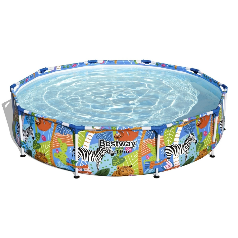 Piscine ronde avec imprimé animal et eau bleue. La marque Bestway est visible.