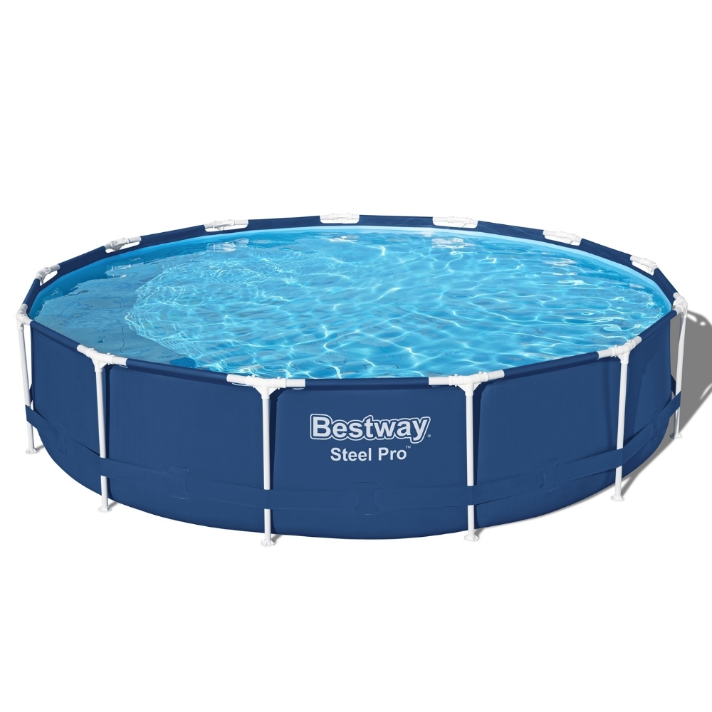 Blauw rond zwembad met wit frame en helder water.