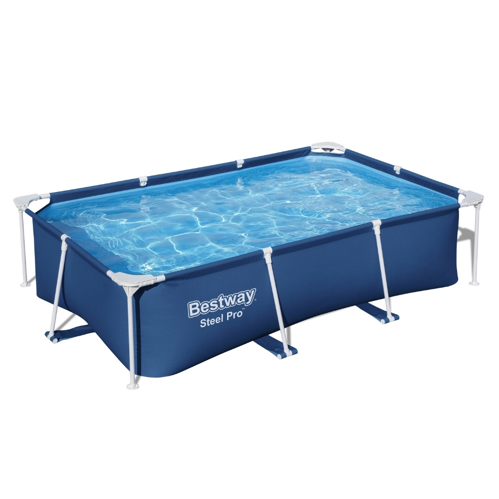 Blauw rechthoekig zwembad met wit frame. Het merk is Bestway Steel Pro. Gevuld met water.