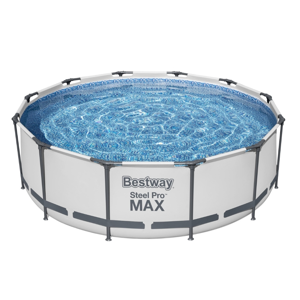 Groot rond zwembad met een wit frame en blauw water.
